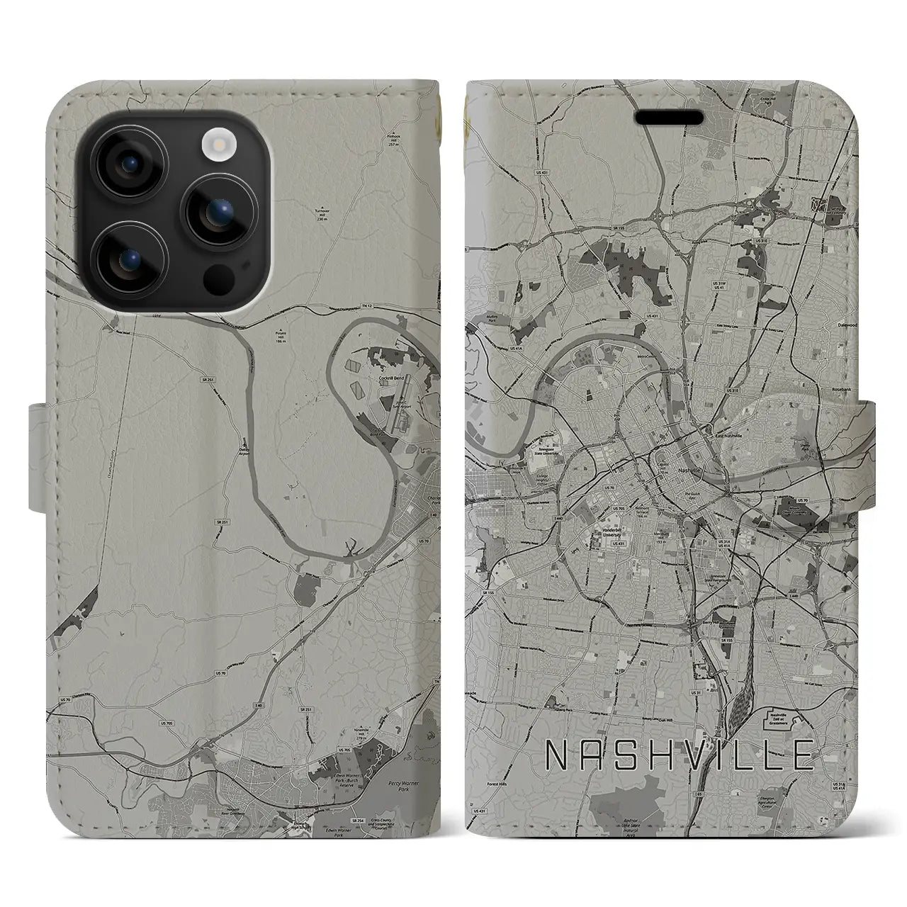 【ナッシュビル(アメリカ)】地図柄iPhoneケース(手帳タイプ)モノトーン・iPhone 16 用