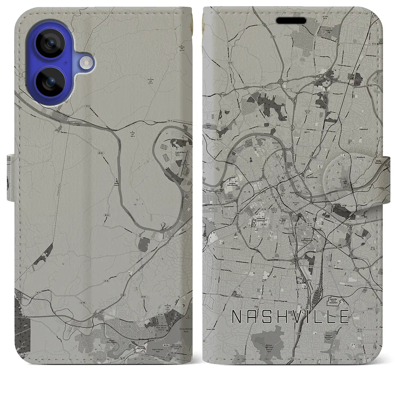 【ナッシュビル(アメリカ)】地図柄iPhoneケース(手帳タイプ)モノトーン・iPhone 16 Pro Max 用