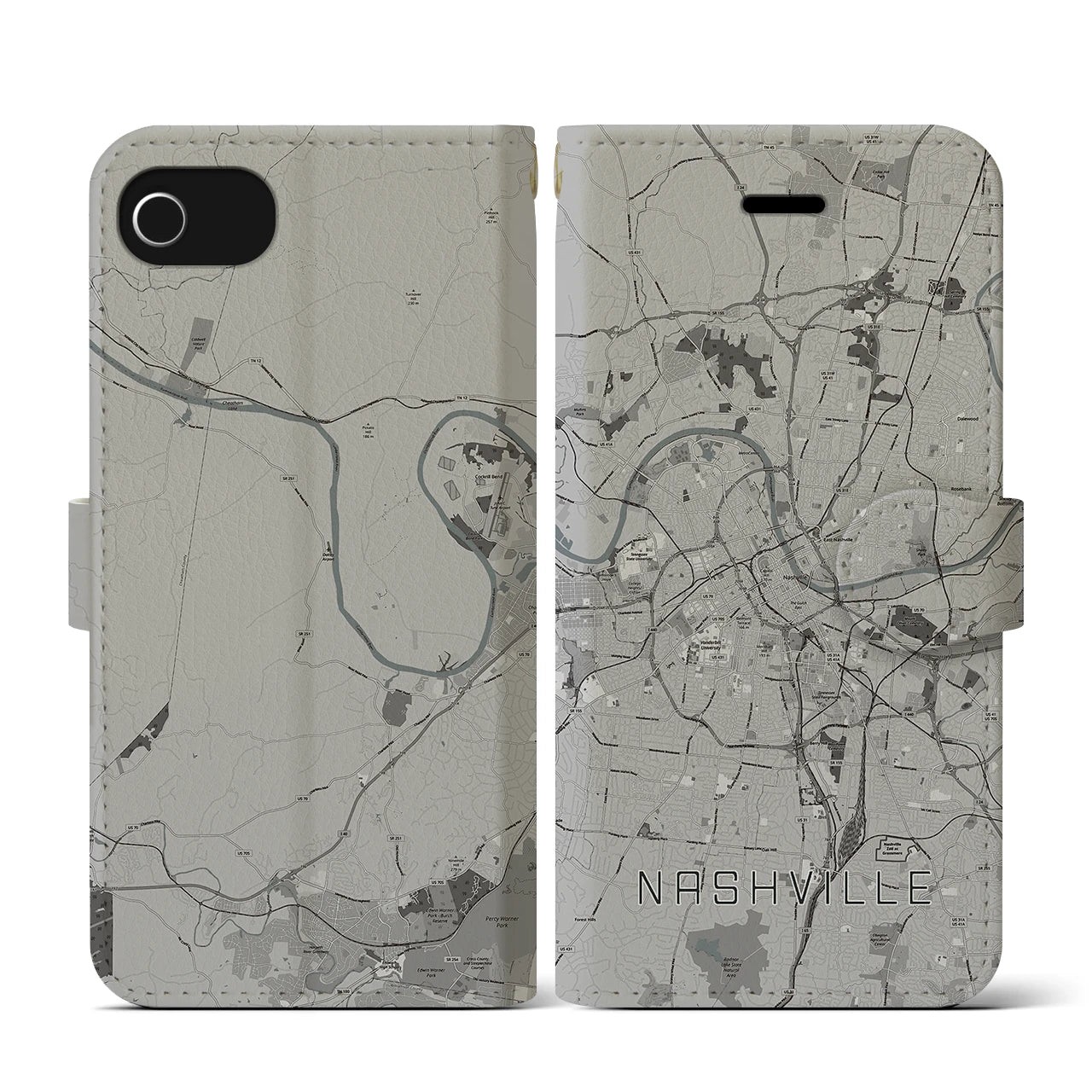 【ナッシュビル(アメリカ)】地図柄iPhoneケース(手帳タイプ)モノトーン・iPhone SE(第3 / 第2世代) / 8 / 7 / 6s / 6 用