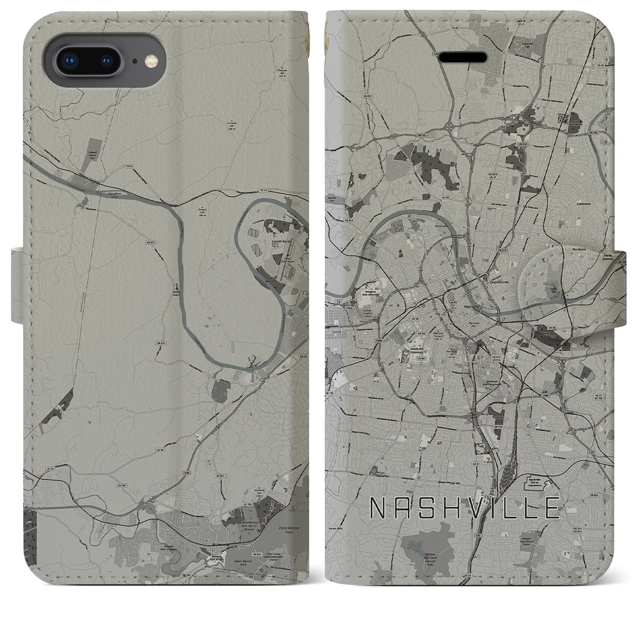 【ナッシュビル(アメリカ)】地図柄iPhoneケース(手帳タイプ)モノトーン・iPhone 8Plus /7Plus / 6sPlus / 6Plus 用