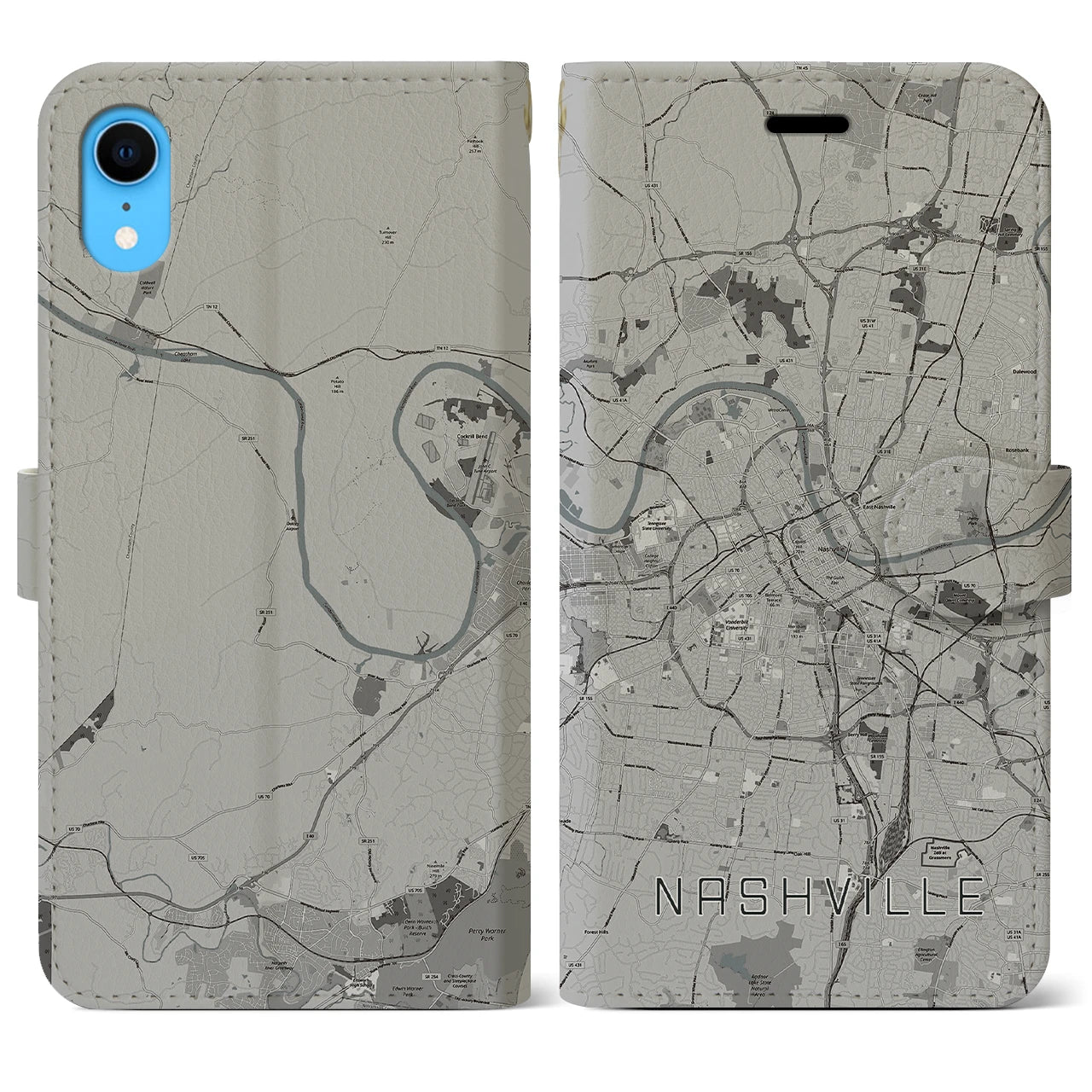 【ナッシュビル(アメリカ)】地図柄iPhoneケース(手帳タイプ)モノトーン・iPhone XR 用