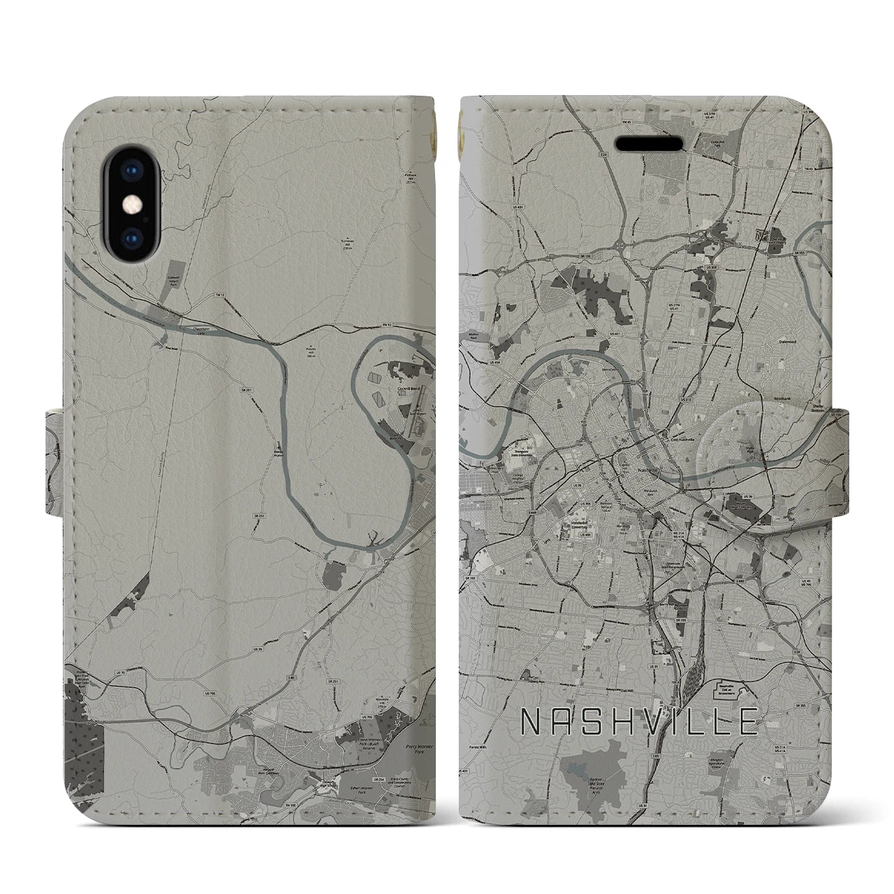 【ナッシュビル(アメリカ)】地図柄iPhoneケース(手帳タイプ)モノトーン・iPhone XS / X 用