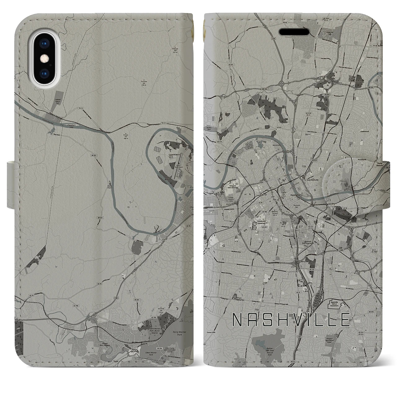 【ナッシュビル(アメリカ)】地図柄iPhoneケース(手帳タイプ)モノトーン・iPhone XS Max 用