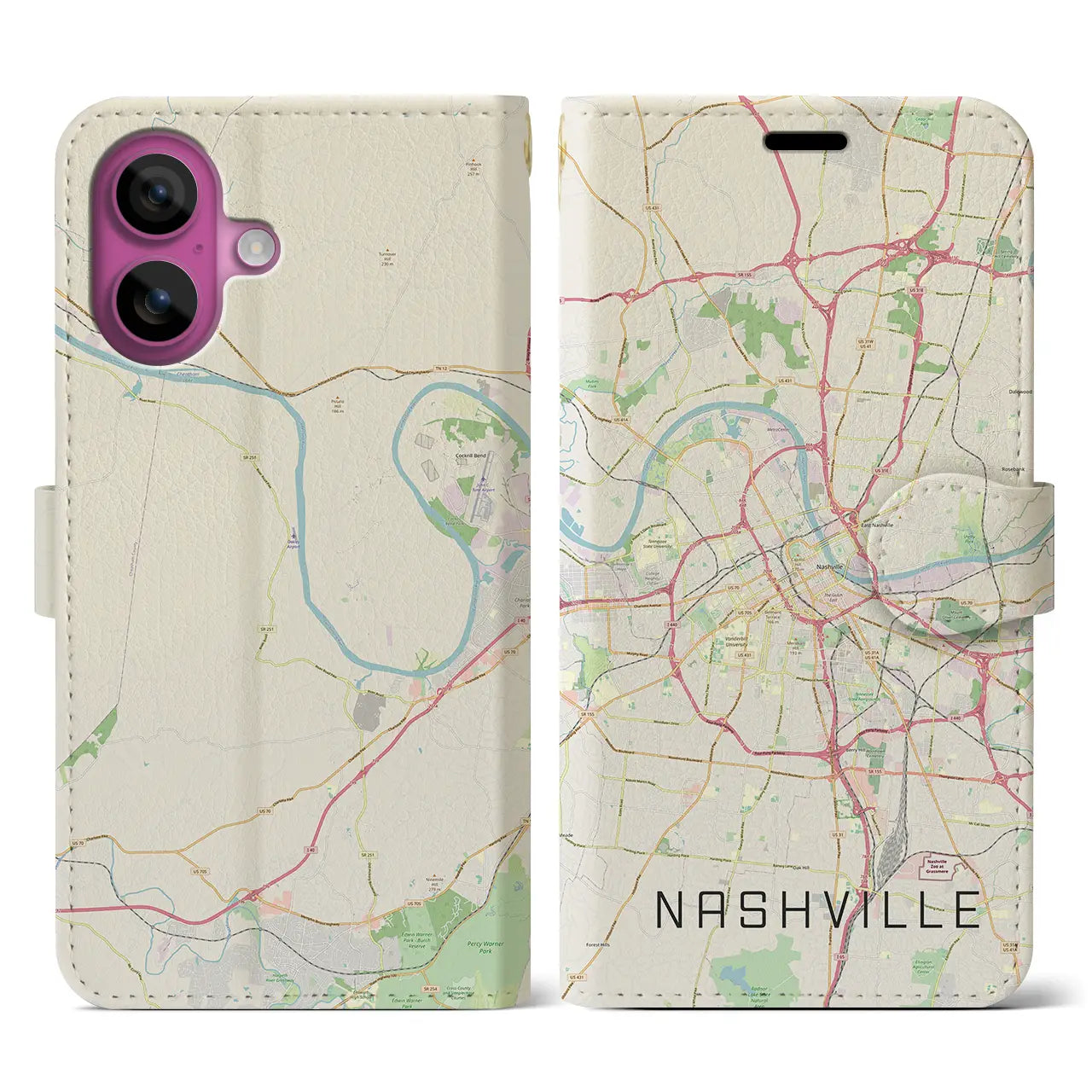 【ナッシュビル(アメリカ)】地図柄iPhoneケース(手帳タイプ)ナチュラル・iPhone 16 Pro 用