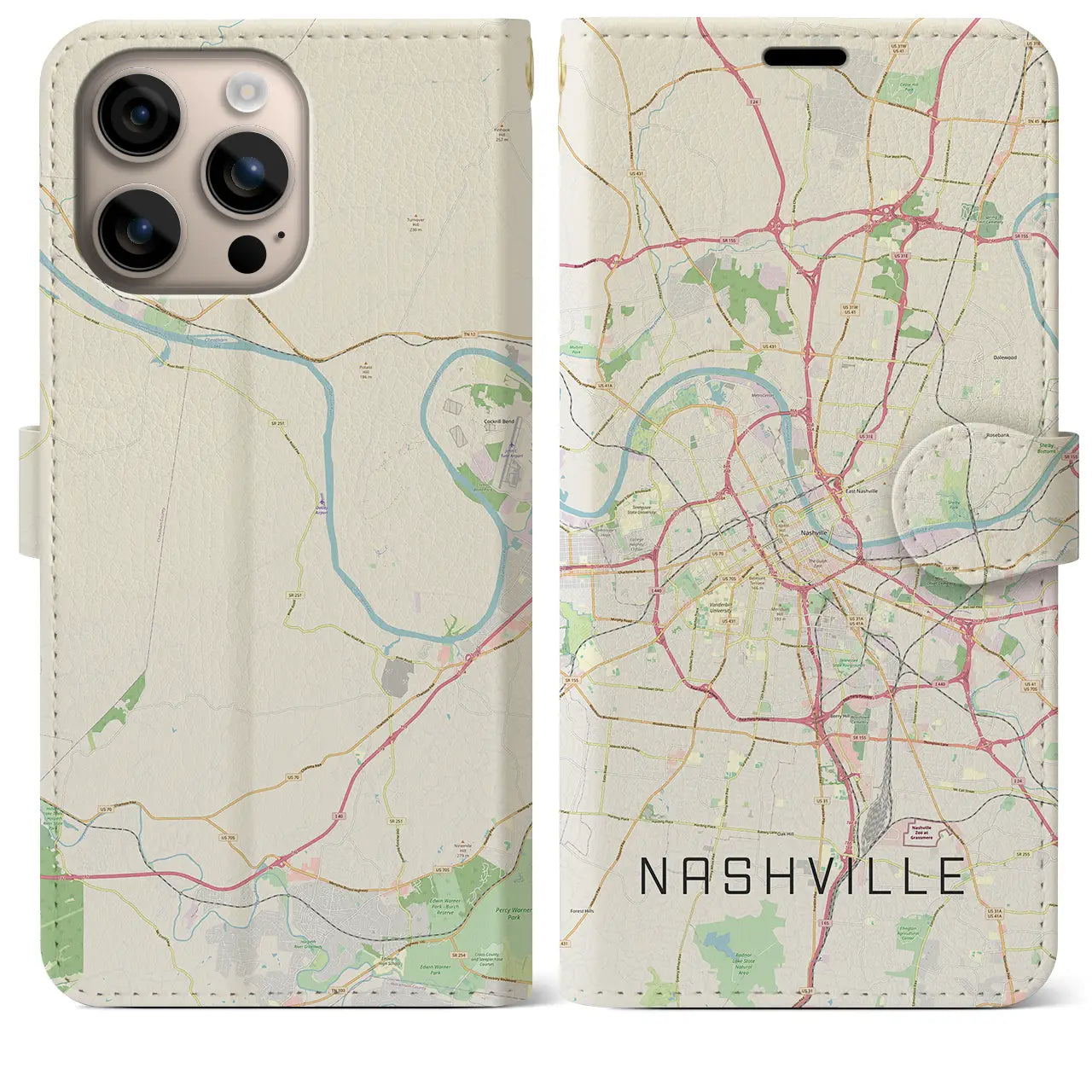 【ナッシュビル(アメリカ)】地図柄iPhoneケース(手帳タイプ)ナチュラル・iPhone 16 Plus 用