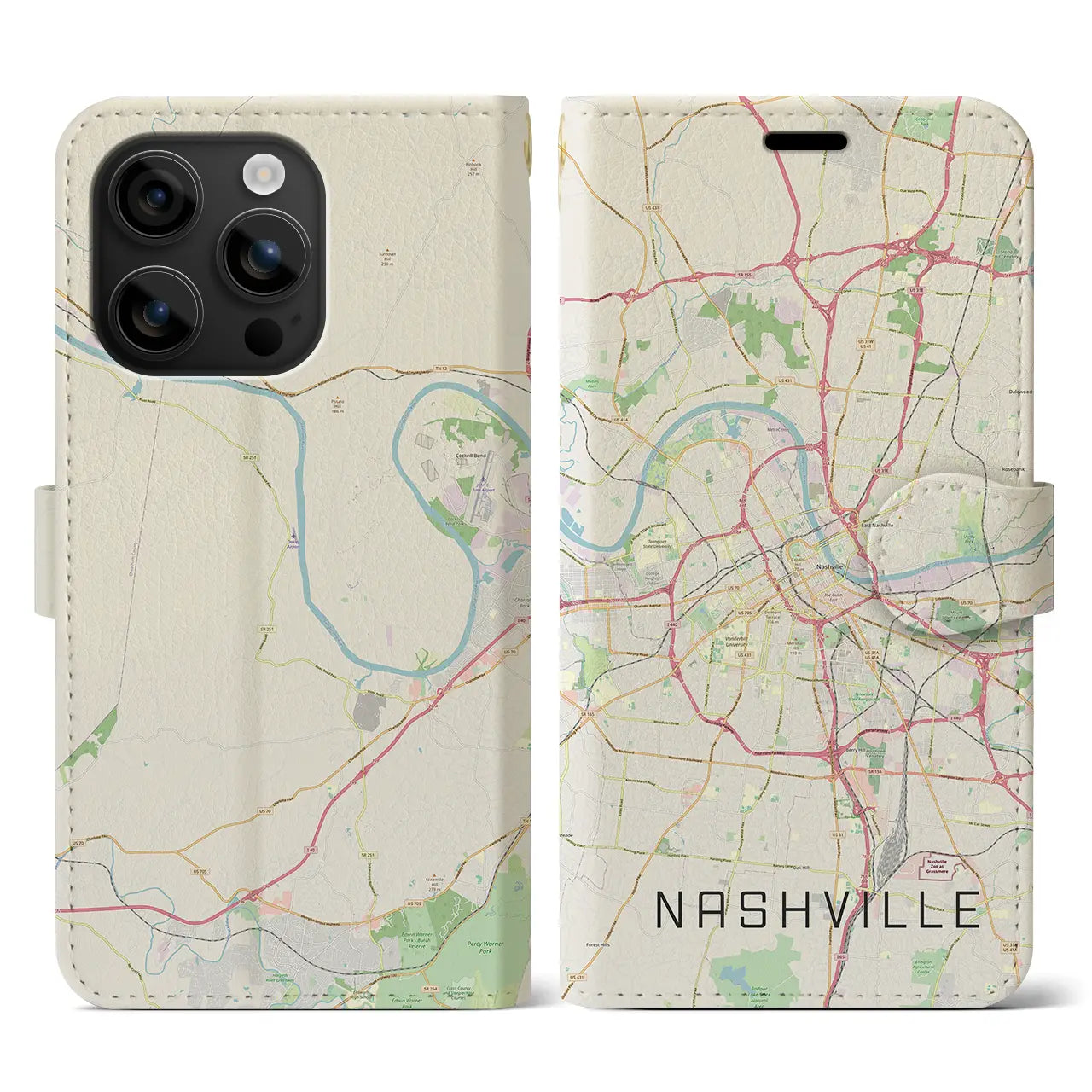 【ナッシュビル(アメリカ)】地図柄iPhoneケース(手帳タイプ)ナチュラル・iPhone 16 用