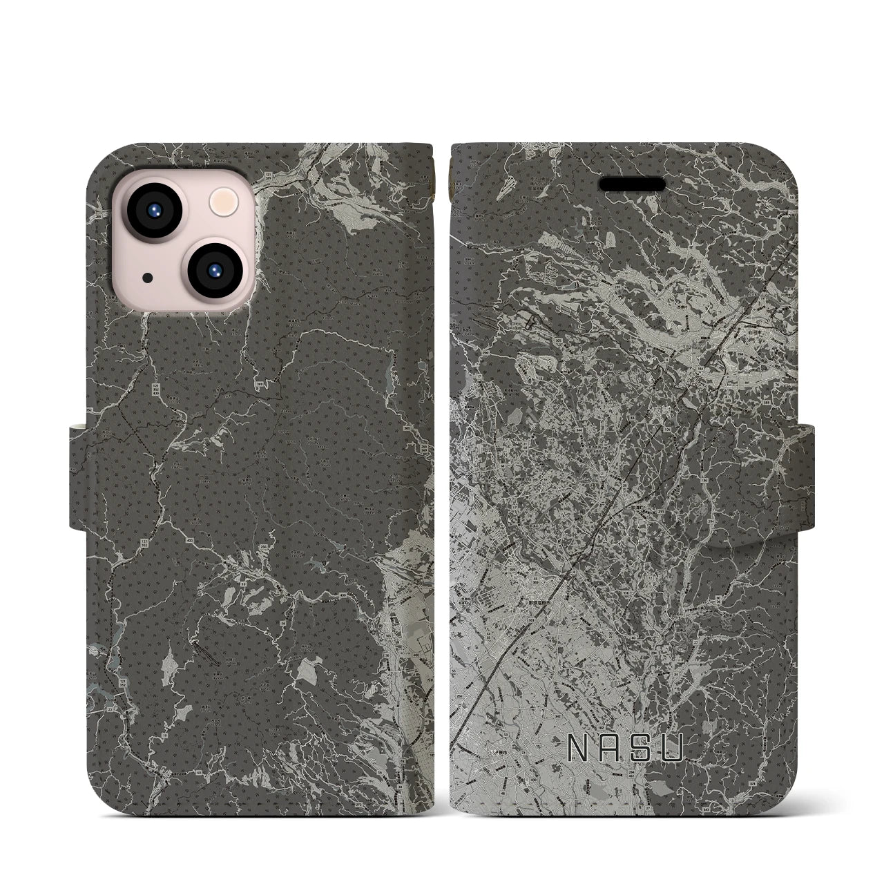 【那須(栃木県)】地図柄iPhoneケース(手帳タイプ)モノトーン・iPhone 13 mini 用