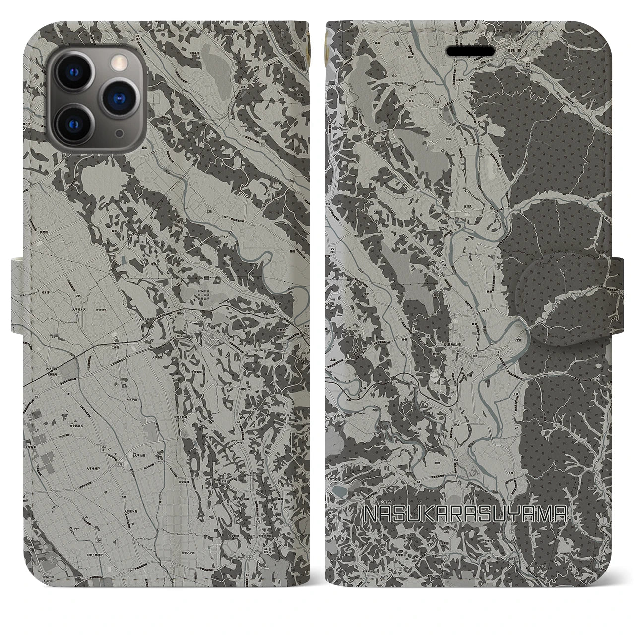 【那須烏山(栃木県)】地図柄iPhoneケース(手帳タイプ)モノトーン・iPhone 11 Pro Max 用