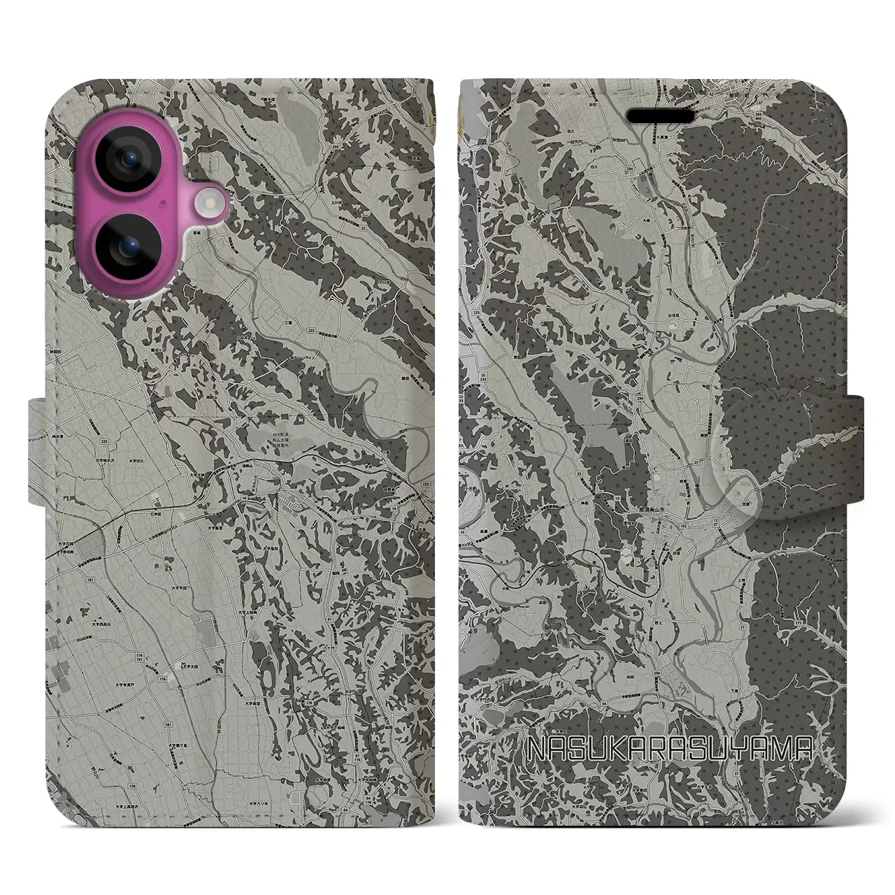 【那須烏山(栃木県)】地図柄iPhoneケース(手帳タイプ)モノトーン・iPhone 16 Pro 用