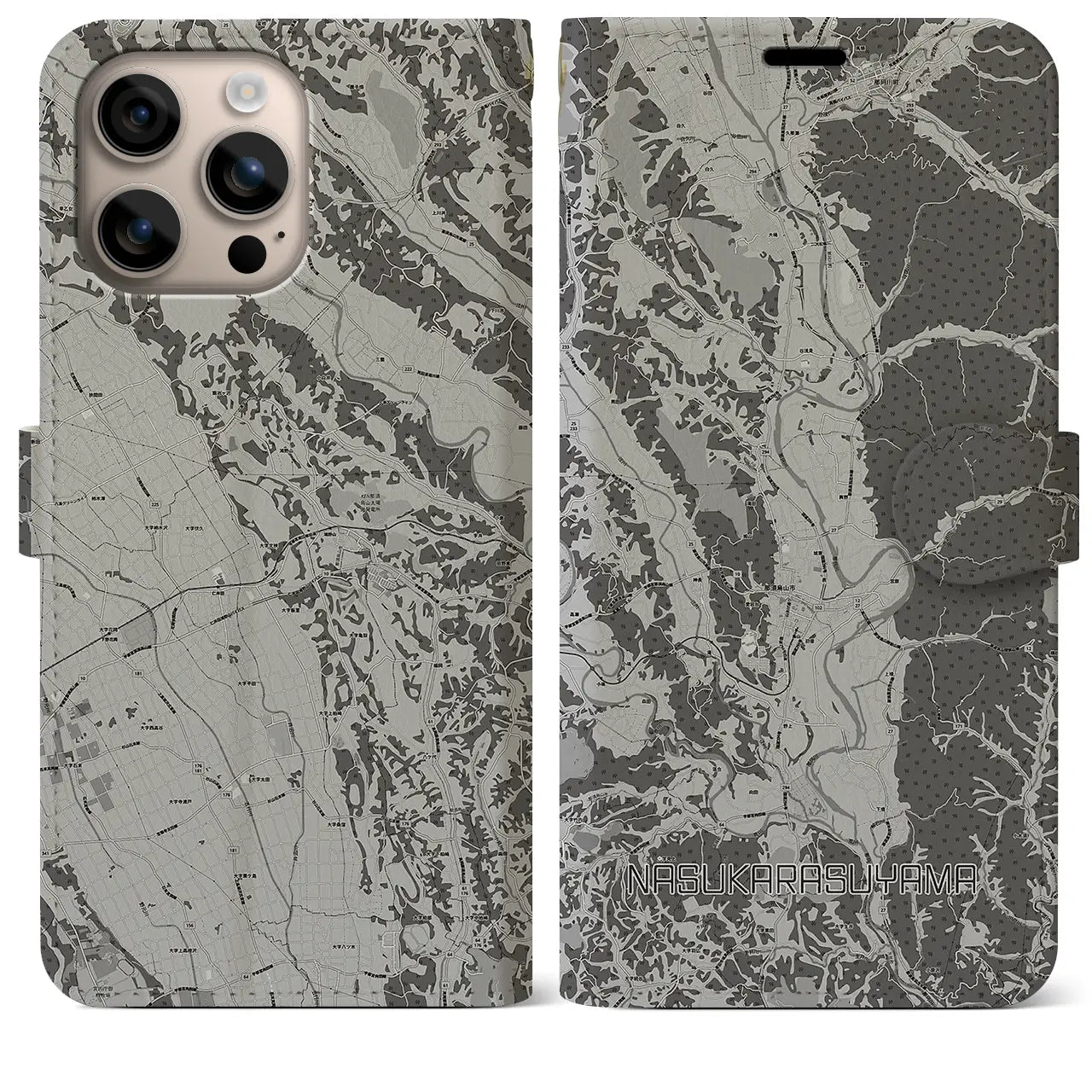 【那須烏山(栃木県)】地図柄iPhoneケース(手帳タイプ)モノトーン・iPhone 16 Plus 用