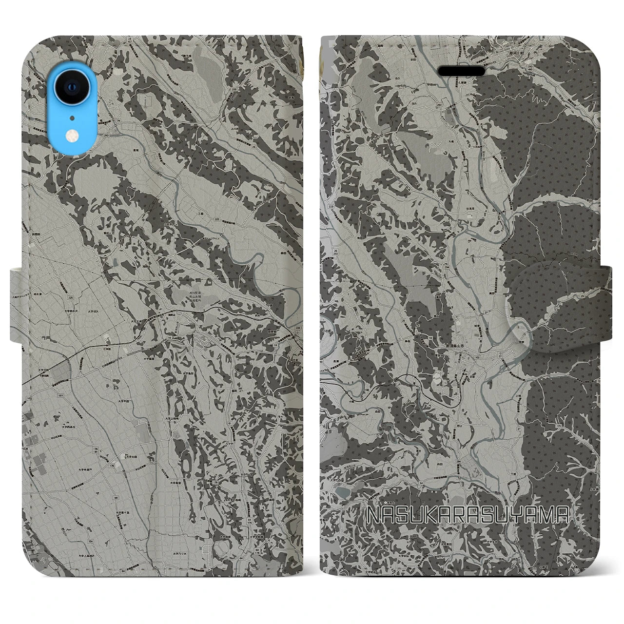【那須烏山(栃木県)】地図柄iPhoneケース(手帳タイプ)モノトーン・iPhone XR 用