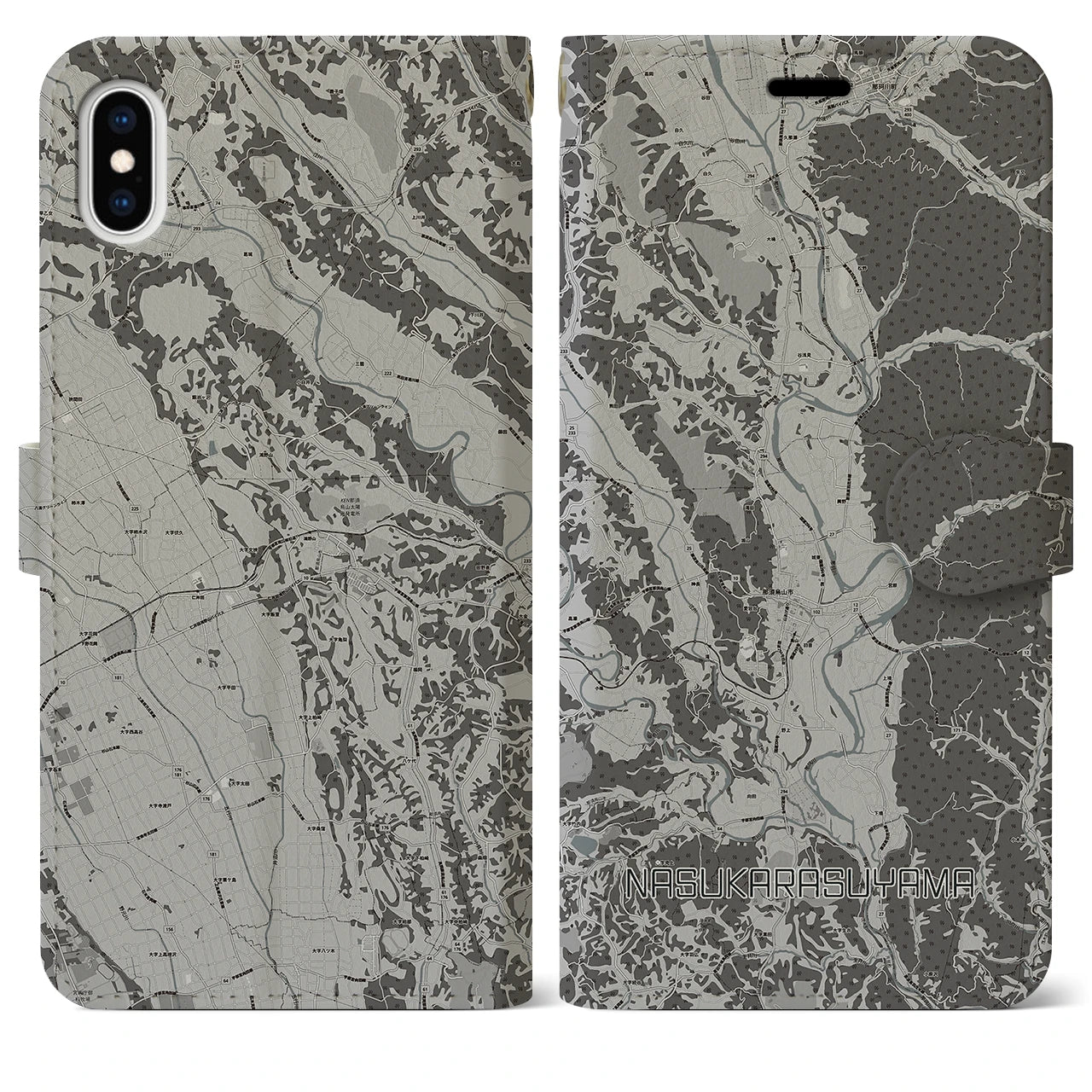 【那須烏山(栃木県)】地図柄iPhoneケース(手帳タイプ)モノトーン・iPhone XS Max 用