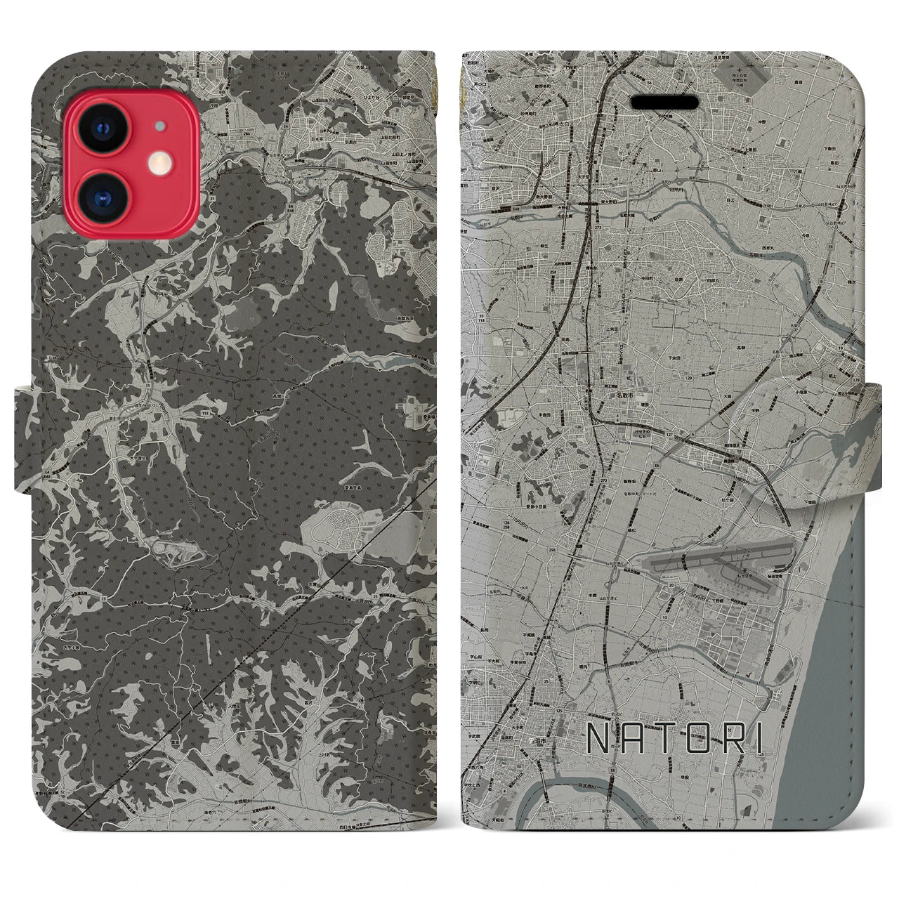 【名取(宮城県)】地図柄iPhoneケース(手帳タイプ)モノトーン・iPhone 11 用
