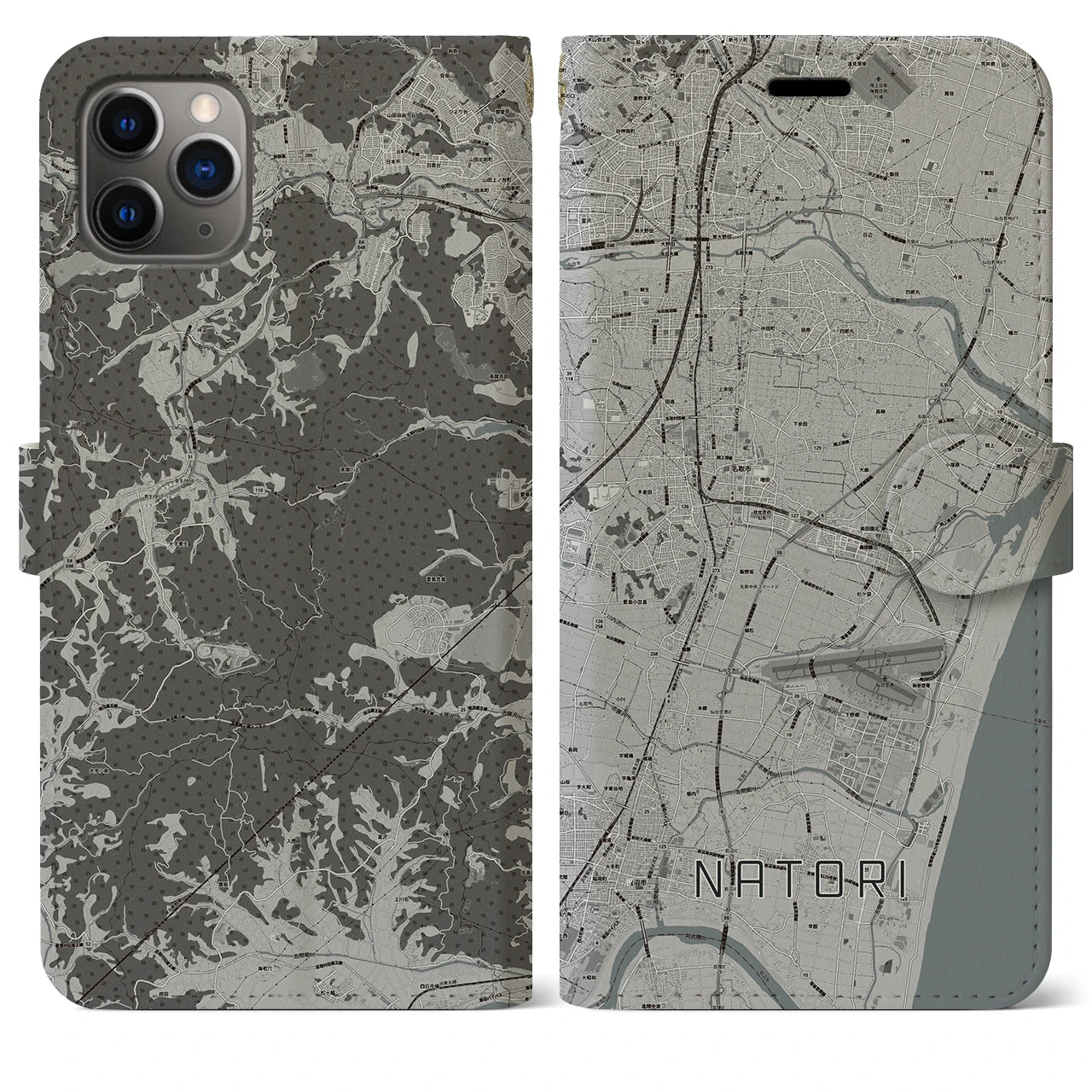 【名取(宮城県)】地図柄iPhoneケース(手帳タイプ)モノトーン・iPhone 11 Pro Max 用