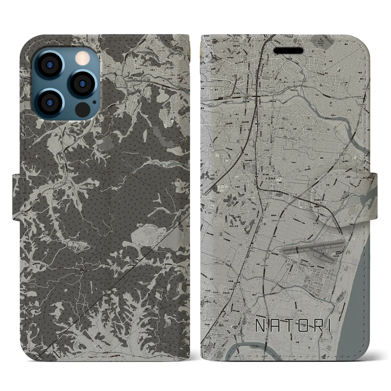 【名取(宮城県)】地図柄iPhoneケース(手帳タイプ)モノトーン・iPhone 12 / 12 Pro 用