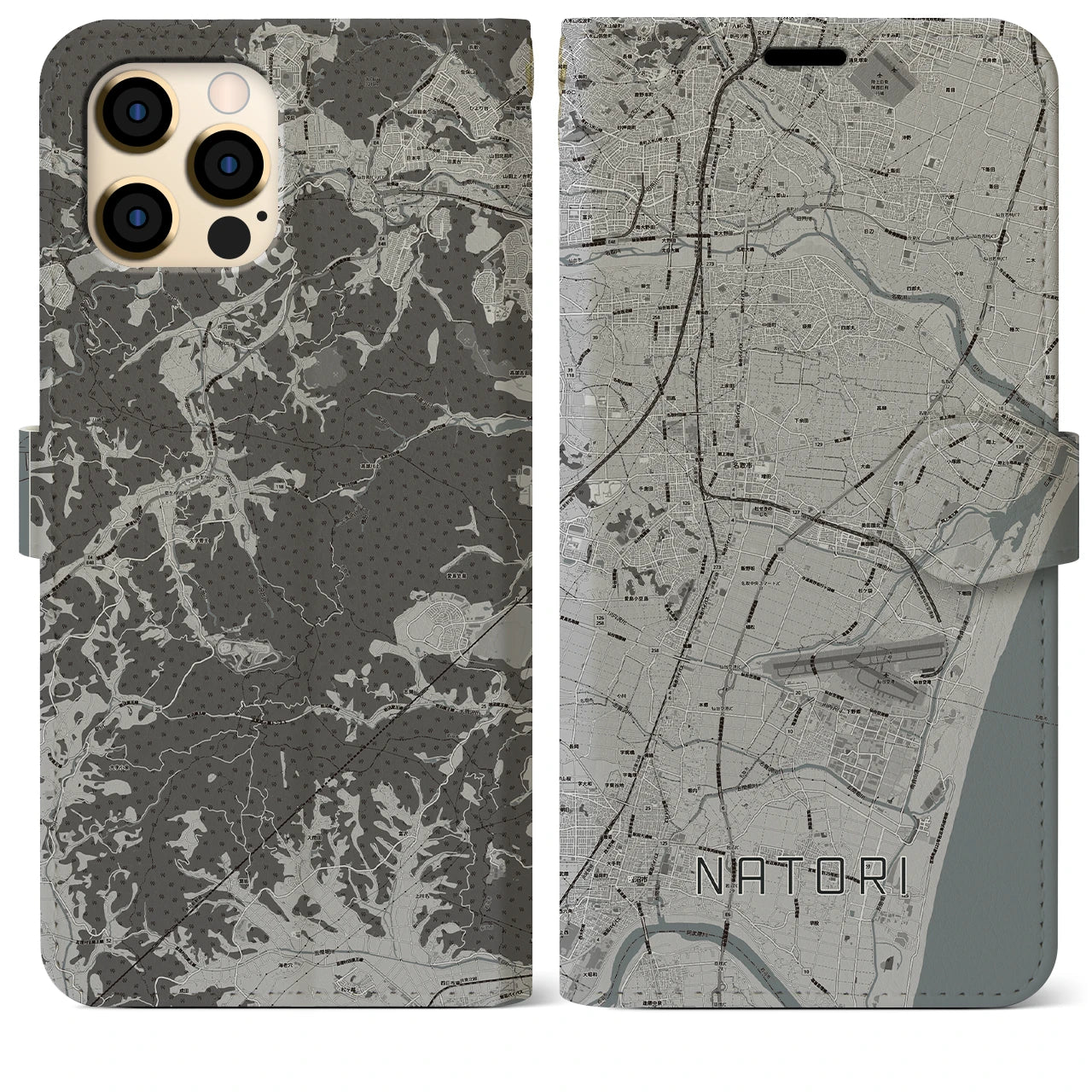 【名取(宮城県)】地図柄iPhoneケース(手帳タイプ)モノトーン・iPhone 12 Pro Max 用