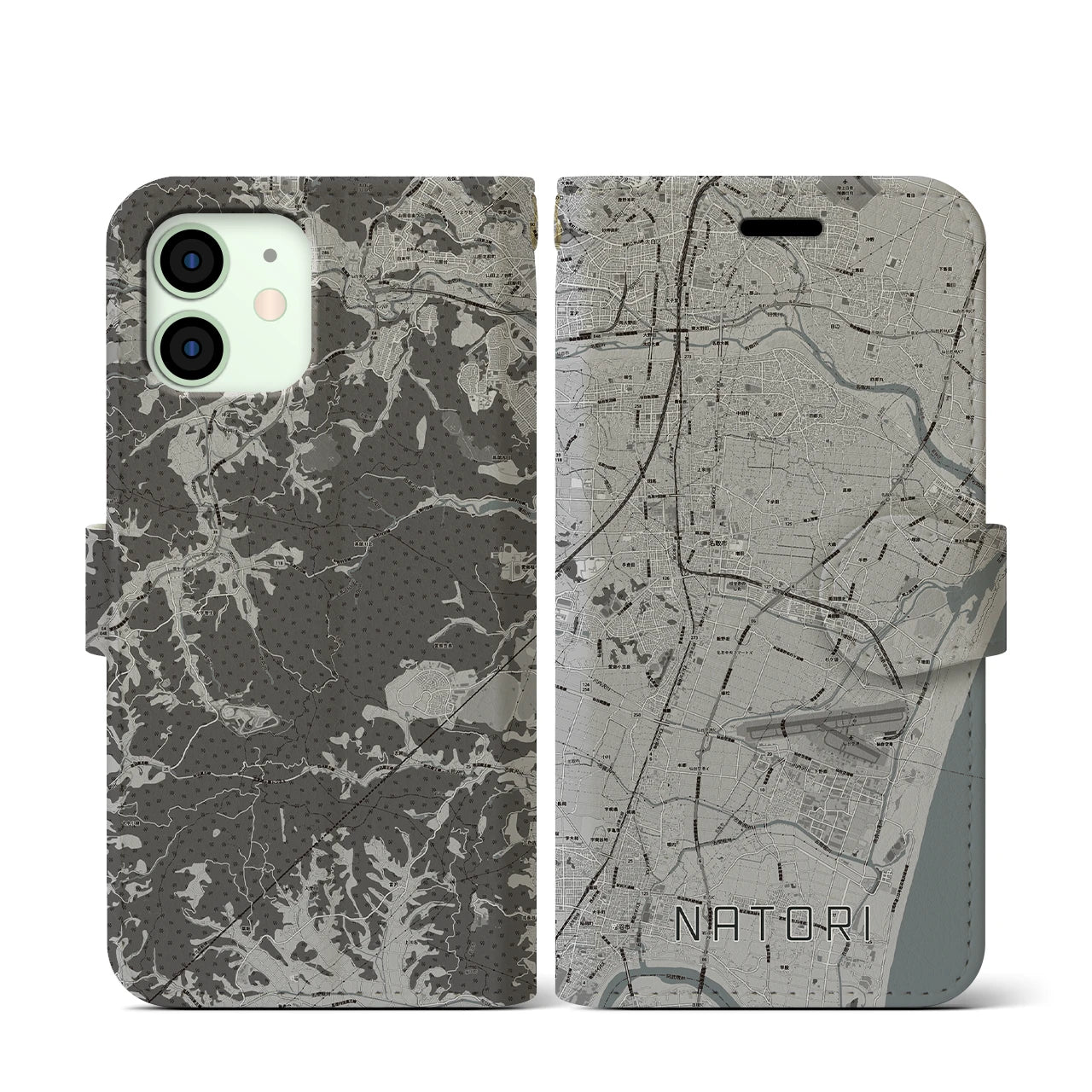【名取(宮城県)】地図柄iPhoneケース(手帳タイプ)モノトーン・iPhone 12 mini 用