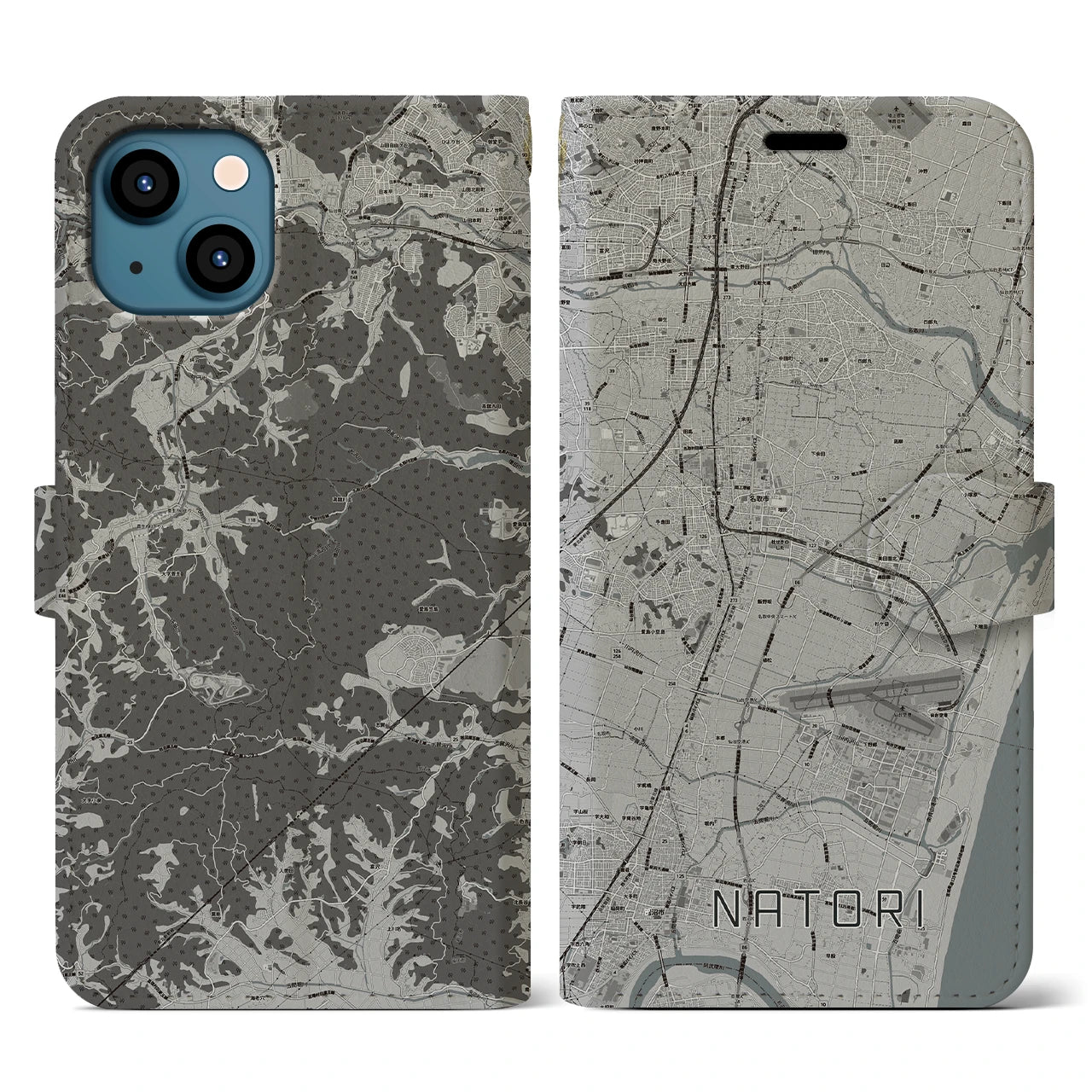 【名取(宮城県)】地図柄iPhoneケース(手帳タイプ)モノトーン・iPhone 13 用