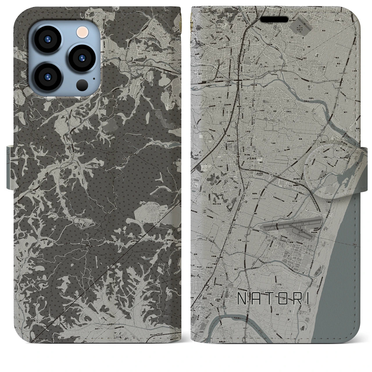 【名取(宮城県)】地図柄iPhoneケース(手帳タイプ)モノトーン・iPhone 13 Pro Max 用