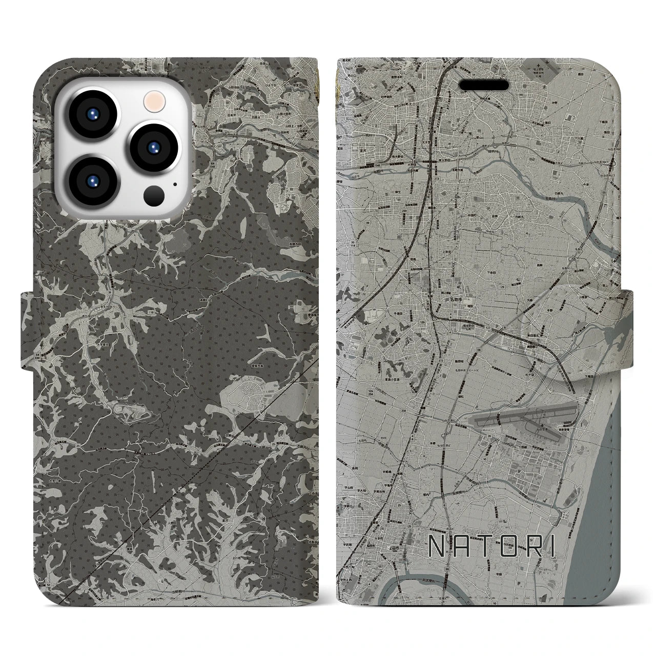 【名取(宮城県)】地図柄iPhoneケース(手帳タイプ)モノトーン・iPhone 13 Pro 用