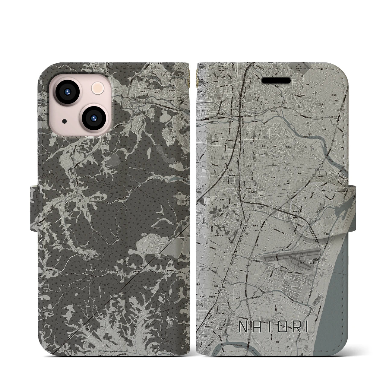 【名取(宮城県)】地図柄iPhoneケース(手帳タイプ)モノトーン・iPhone 13 mini 用
