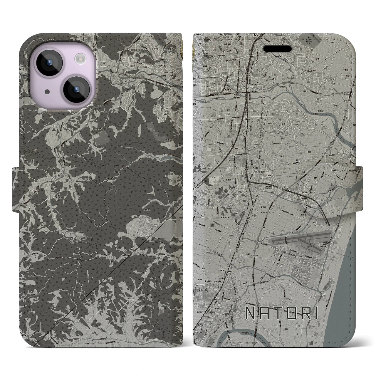【名取(宮城県)】地図柄iPhoneケース(手帳タイプ)モノトーン・iPhone 14 用
