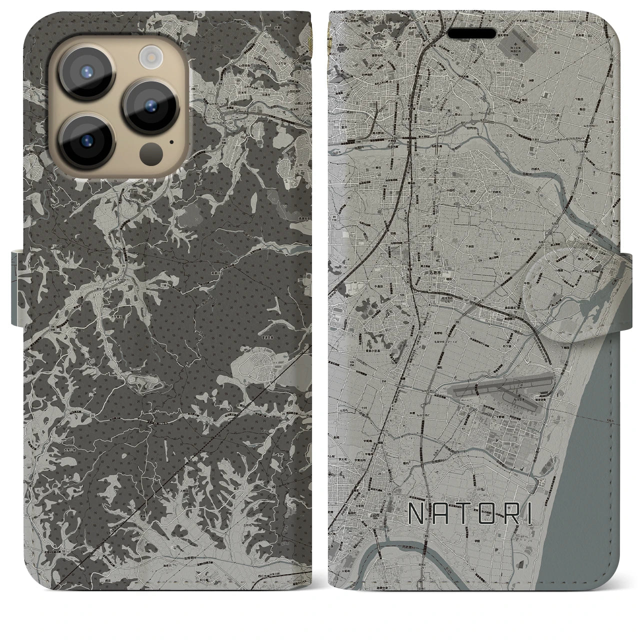 【名取(宮城県)】地図柄iPhoneケース(手帳タイプ)モノトーン・iPhone 14 Pro Max 用