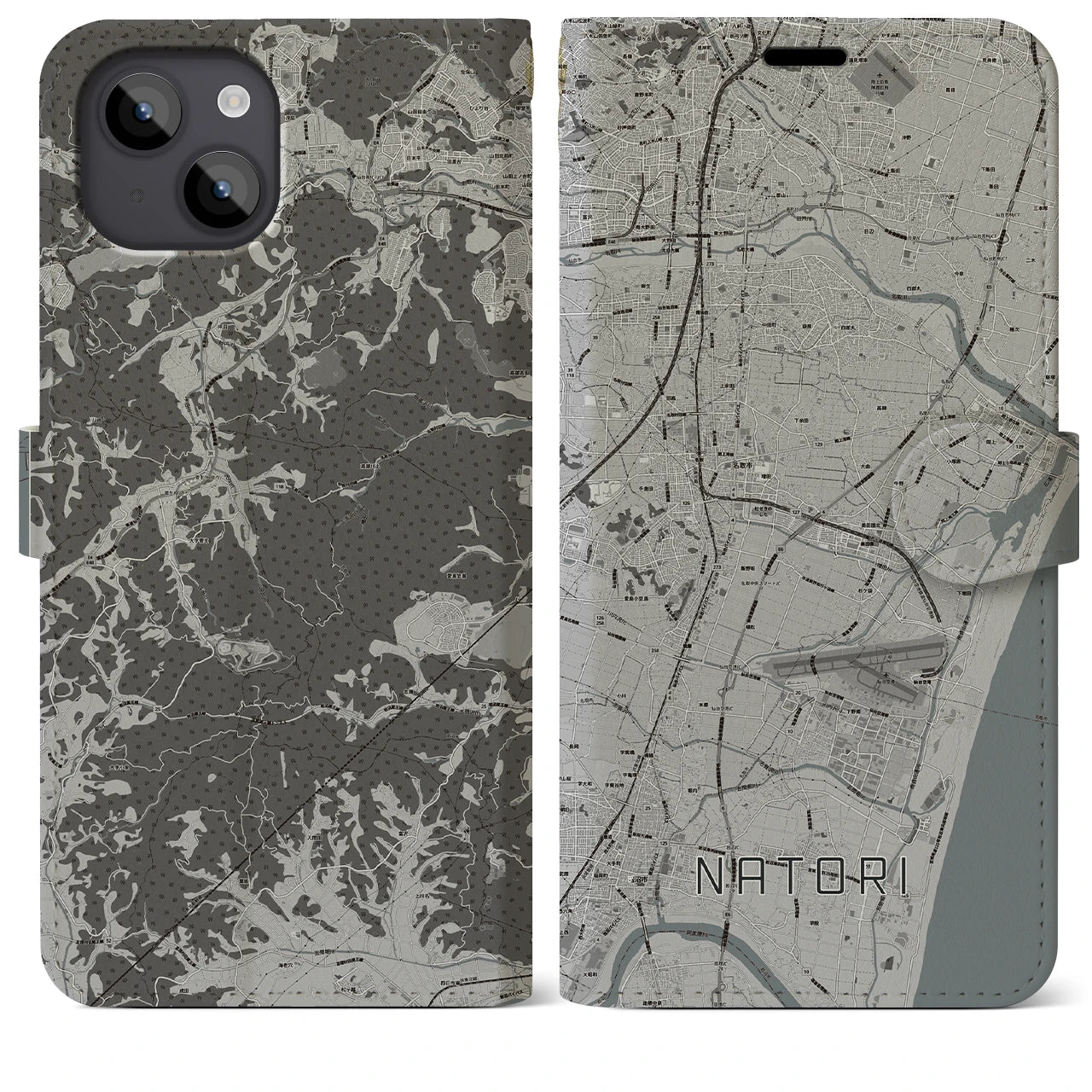 【名取(宮城県)】地図柄iPhoneケース(手帳タイプ)モノトーン・iPhone 14 Plus 用