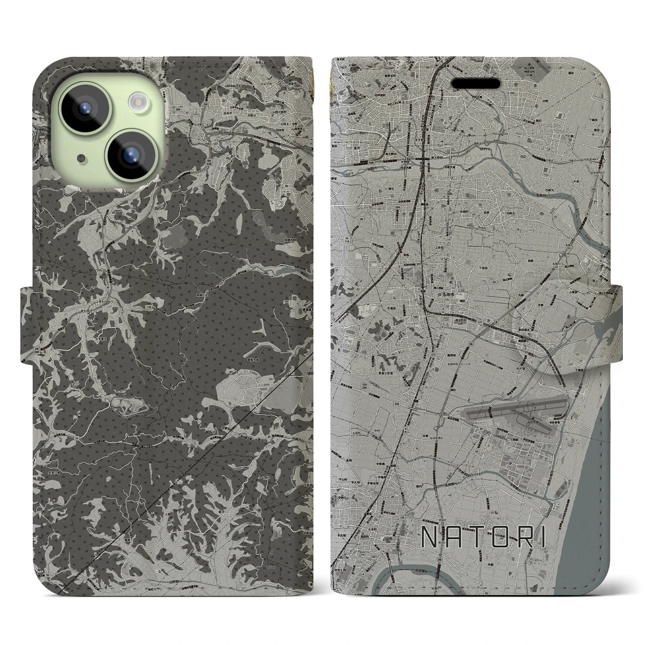 【名取(宮城県)】地図柄iPhoneケース(手帳タイプ)モノトーン・iPhone 15 用
