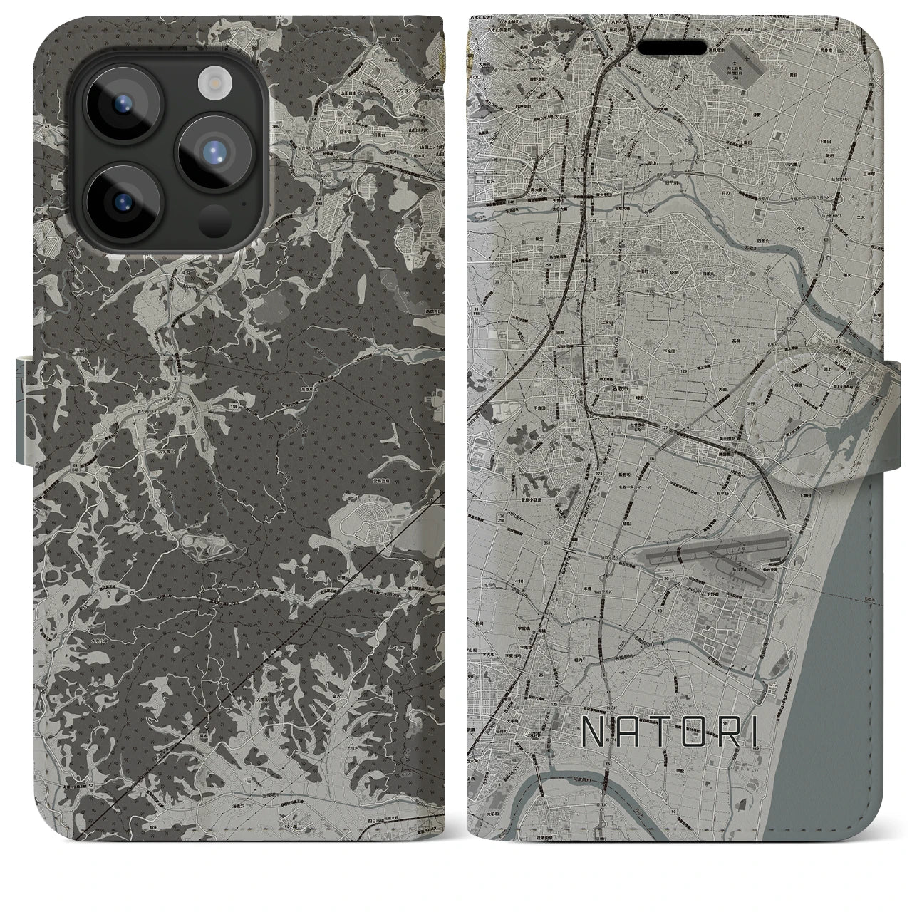 【名取(宮城県)】地図柄iPhoneケース(手帳タイプ)モノトーン・iPhone 15 Pro Max 用