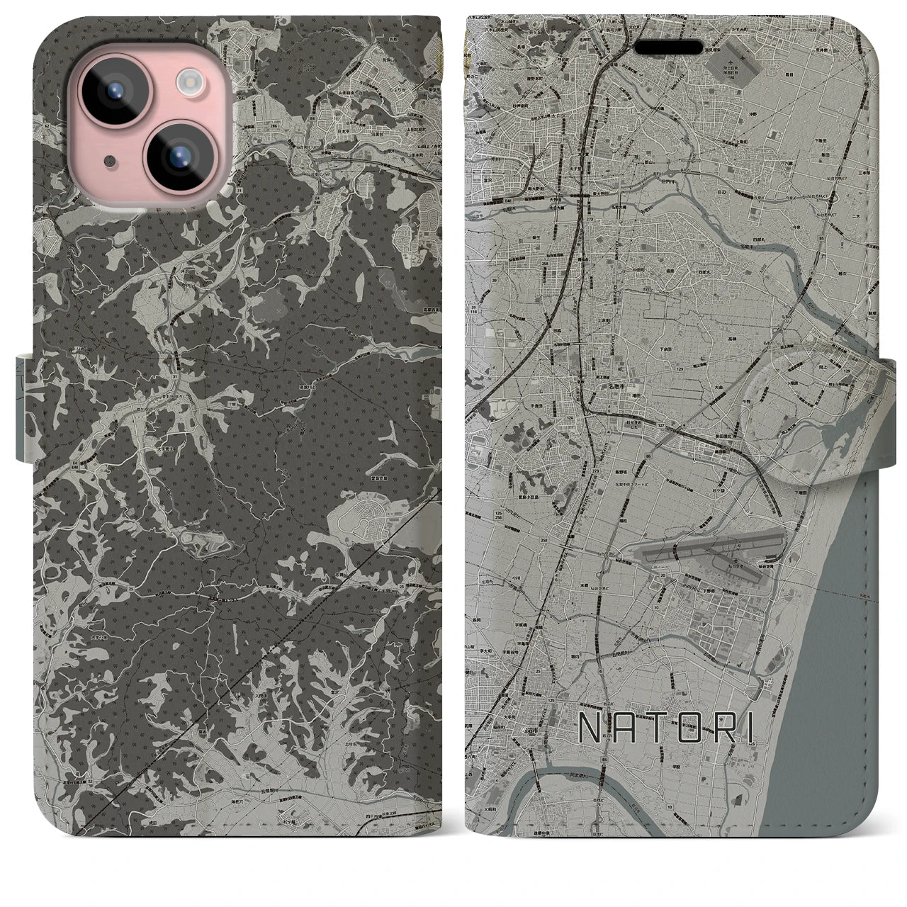 【名取(宮城県)】地図柄iPhoneケース(手帳タイプ)モノトーン・iPhone 15 Plus 用