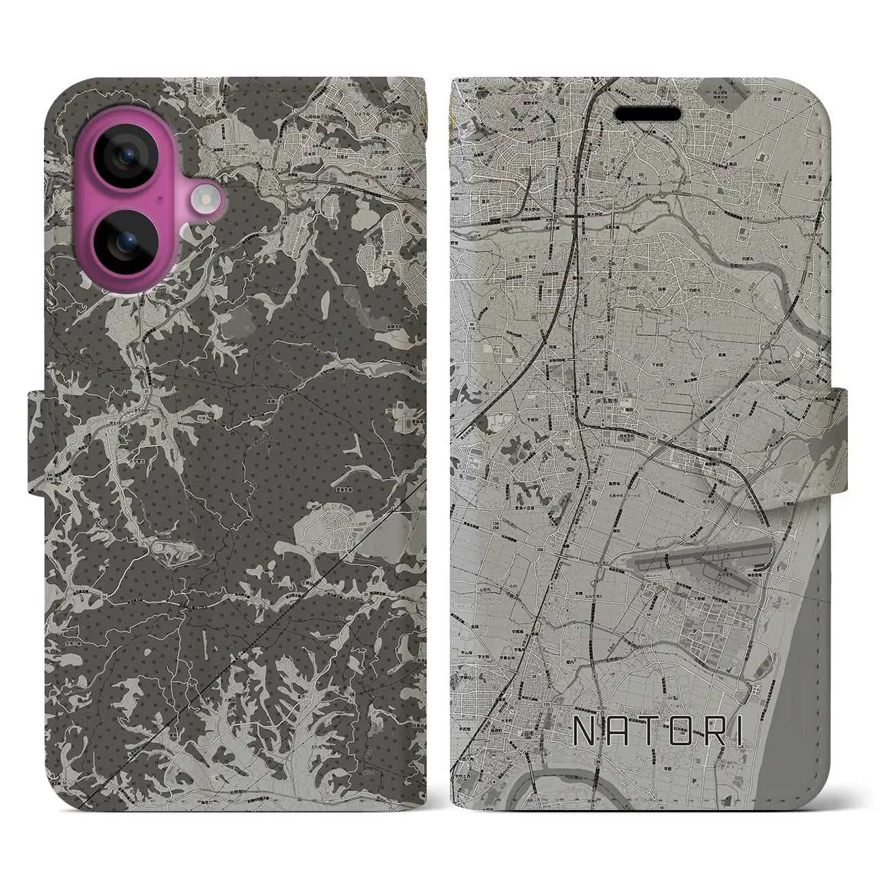【名取(宮城県)】地図柄iPhoneケース(手帳タイプ)モノトーン・iPhone 16 Pro 用
