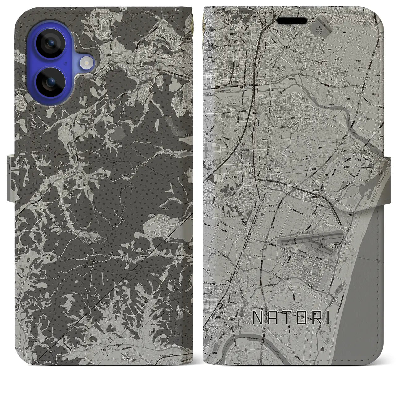 【名取(宮城県)】地図柄iPhoneケース(手帳タイプ)モノトーン・iPhone 16 Pro Max 用