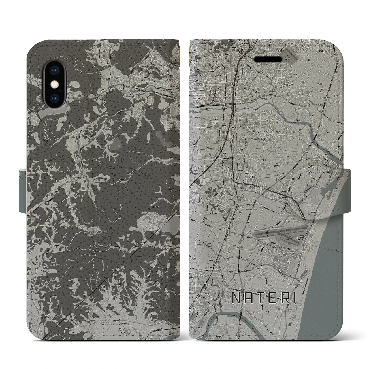 【名取(宮城県)】地図柄iPhoneケース(手帳タイプ)モノトーン・iPhone XS / X 用