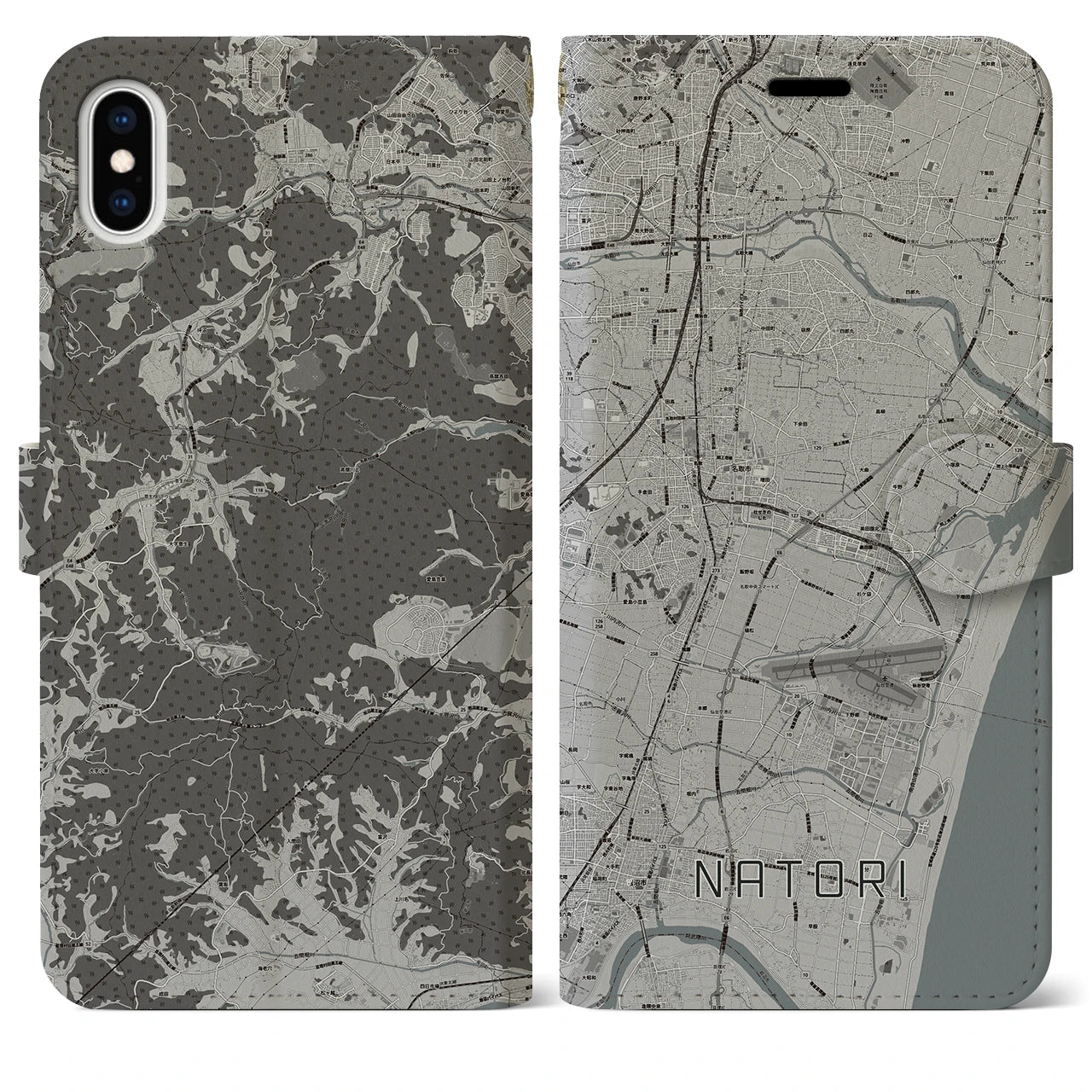 【名取(宮城県)】地図柄iPhoneケース(手帳タイプ)モノトーン・iPhone XS Max 用