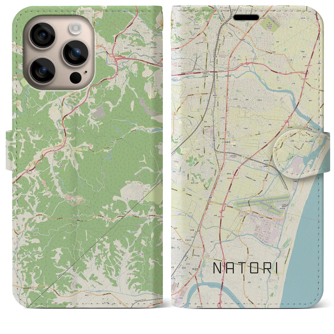 【名取(宮城県)】地図柄iPhoneケース(手帳タイプ)ナチュラル・iPhone 16 Plus 用
