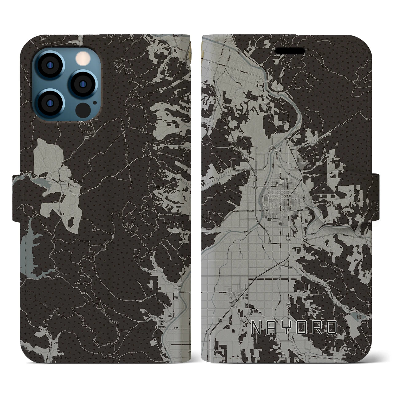 【名寄(北海道)】地図柄iPhoneケース(手帳タイプ)モノトーン・iPhone 12 / 12 Pro 用