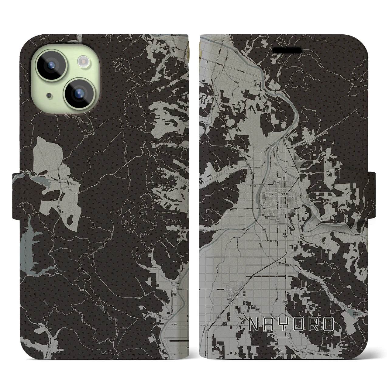 【名寄(北海道)】地図柄iPhoneケース(手帳タイプ)モノトーン・iPhone 15 用
