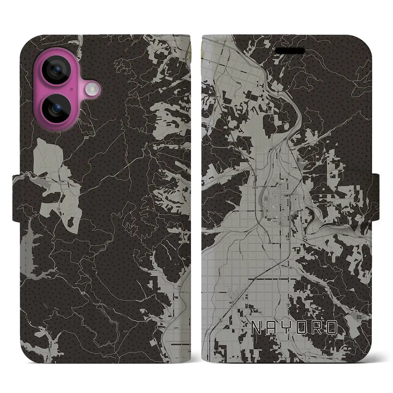【名寄(北海道)】地図柄iPhoneケース(手帳タイプ)モノトーン・iPhone 16 Pro 用