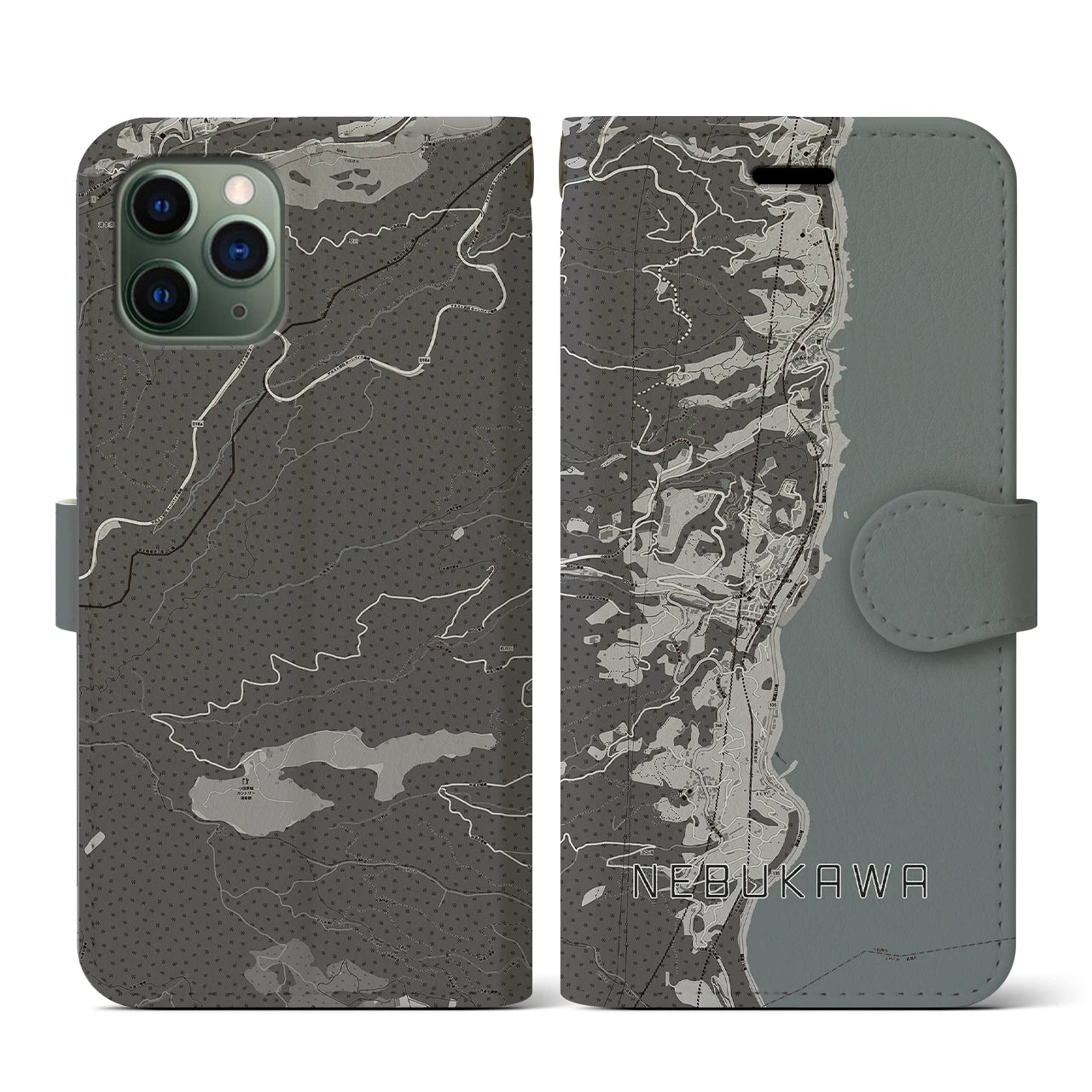 【根府川(神奈川県)】地図柄iPhoneケース(手帳タイプ)モノトーン・iPhone 11 Pro 用