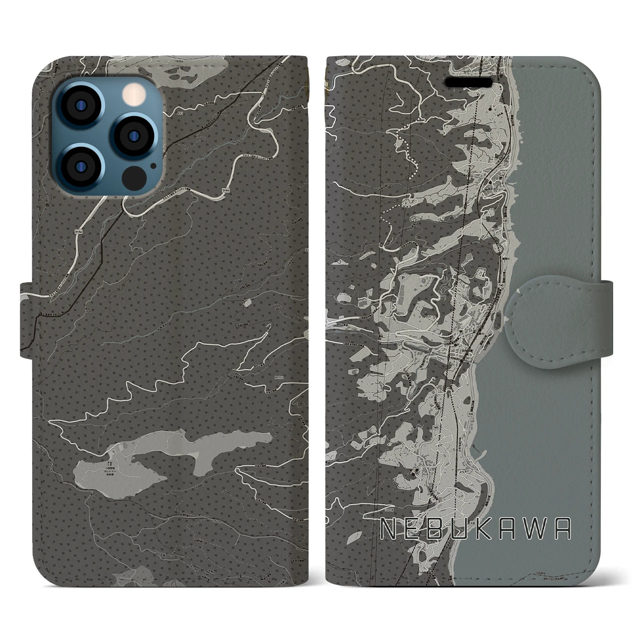 【根府川(神奈川県)】地図柄iPhoneケース(手帳タイプ)モノトーン・iPhone 12 / 12 Pro 用
