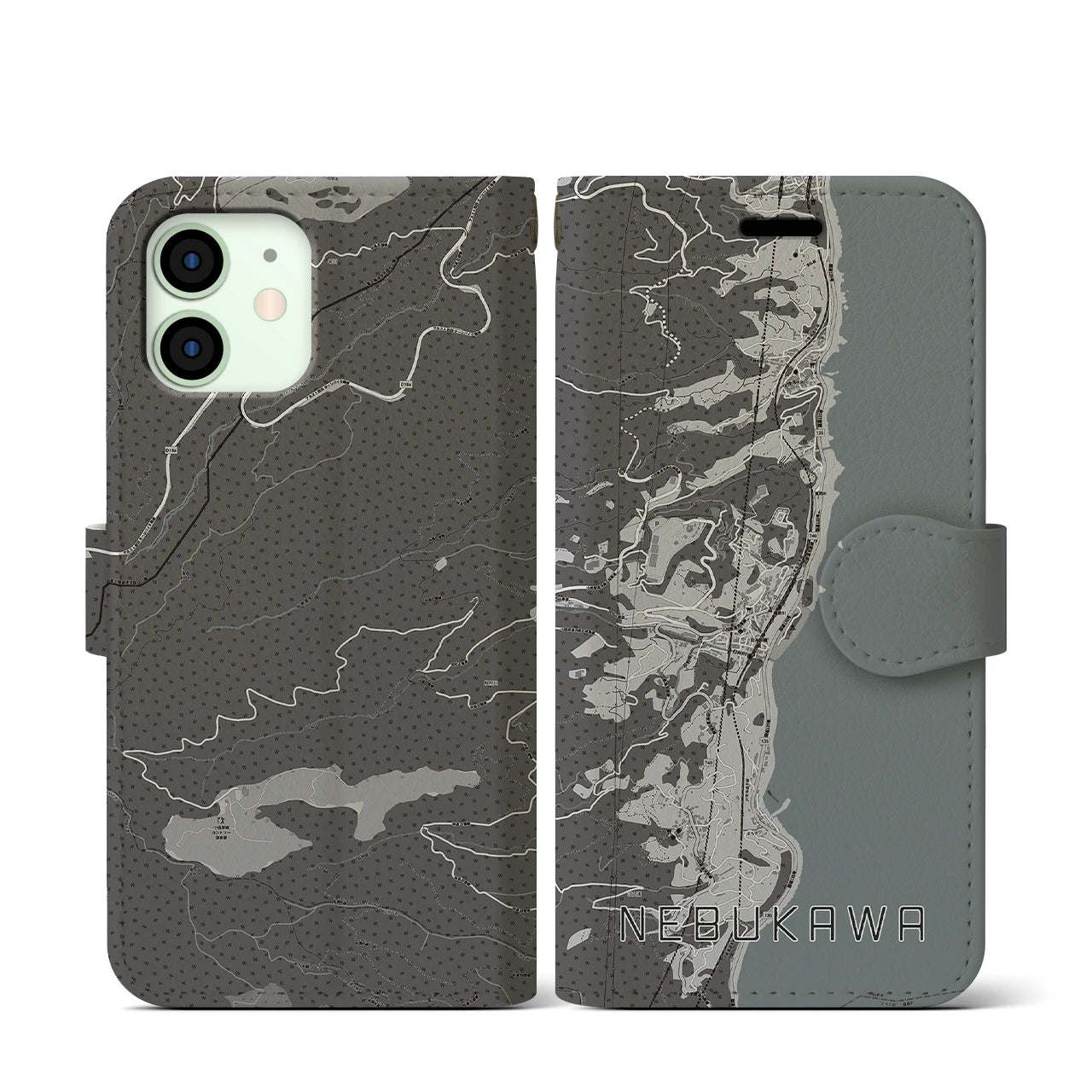【根府川(神奈川県)】地図柄iPhoneケース(手帳タイプ)モノトーン・iPhone 12 mini 用