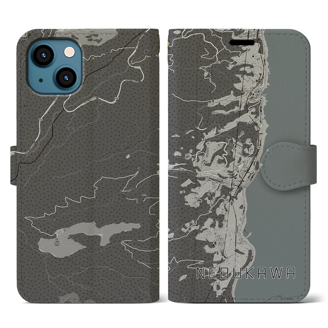 【根府川(神奈川県)】地図柄iPhoneケース(手帳タイプ)モノトーン・iPhone 13 用