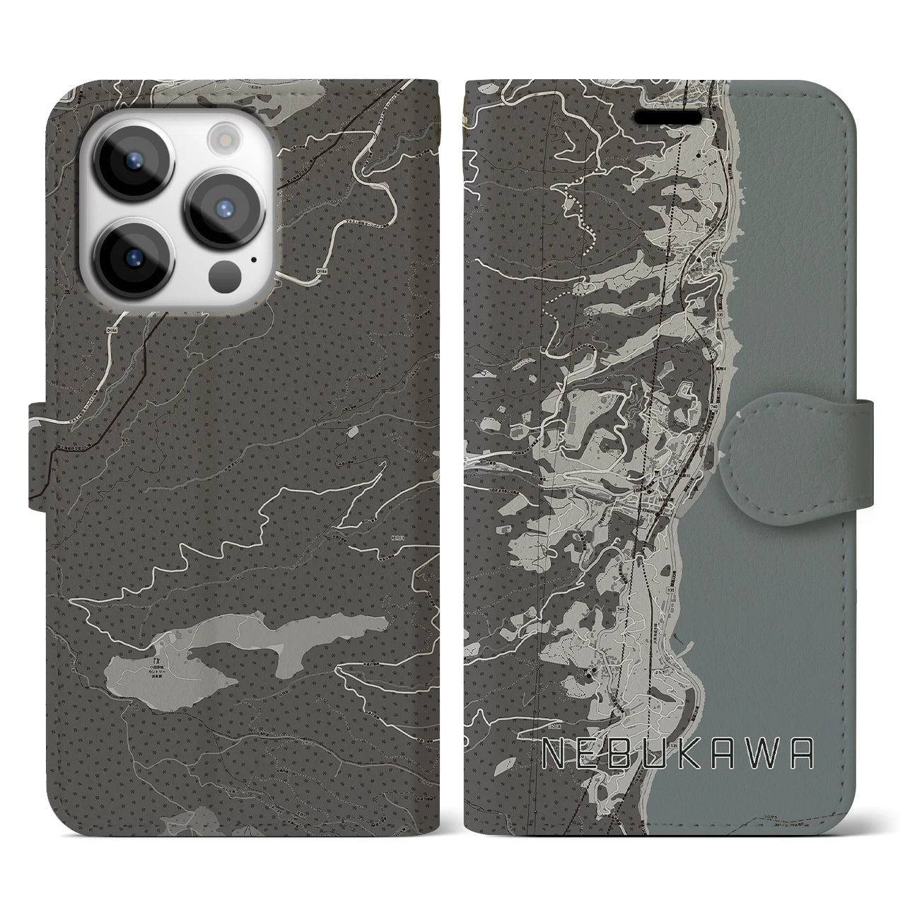 【根府川(神奈川県)】地図柄iPhoneケース(手帳タイプ)モノトーン・iPhone 14 Pro 用