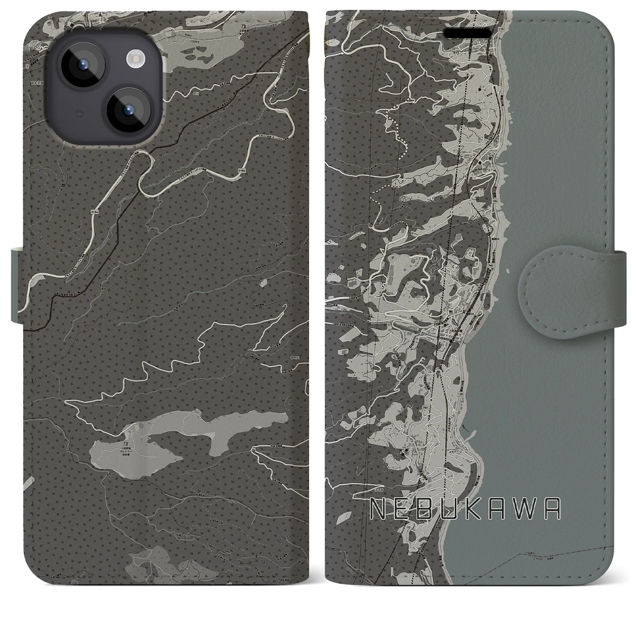 【根府川(神奈川県)】地図柄iPhoneケース(手帳タイプ)モノトーン・iPhone 14 Plus 用
