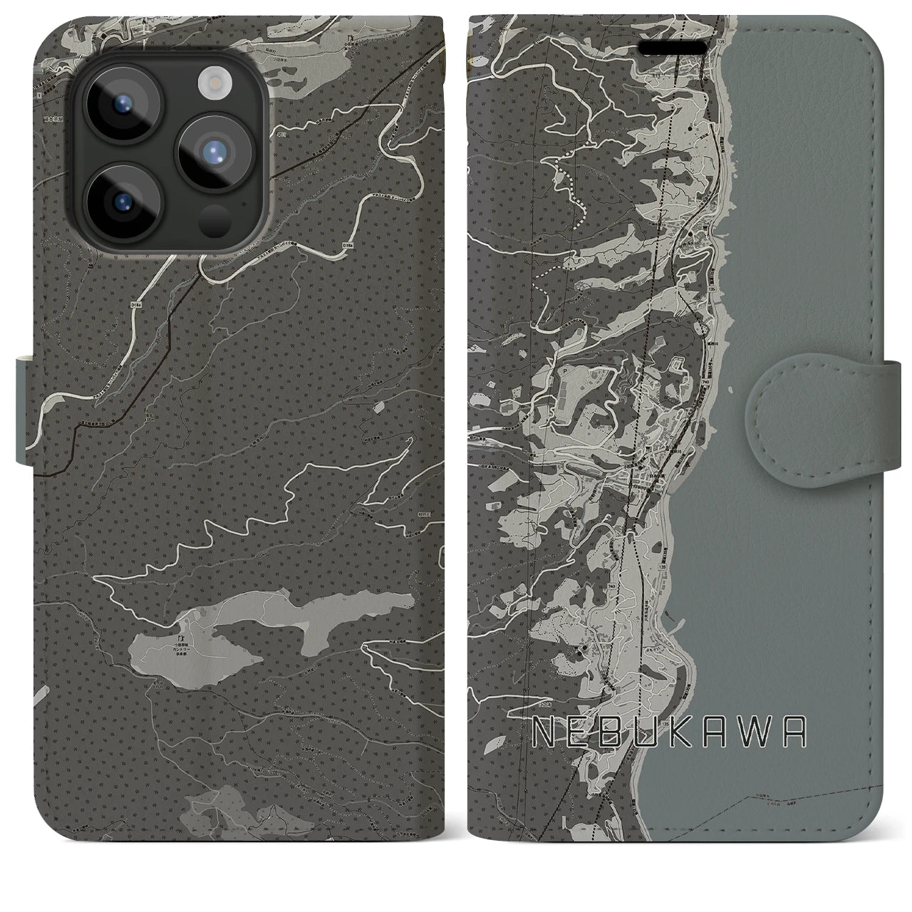 【根府川(神奈川県)】地図柄iPhoneケース(手帳タイプ)モノトーン・iPhone 15 Pro Max 用