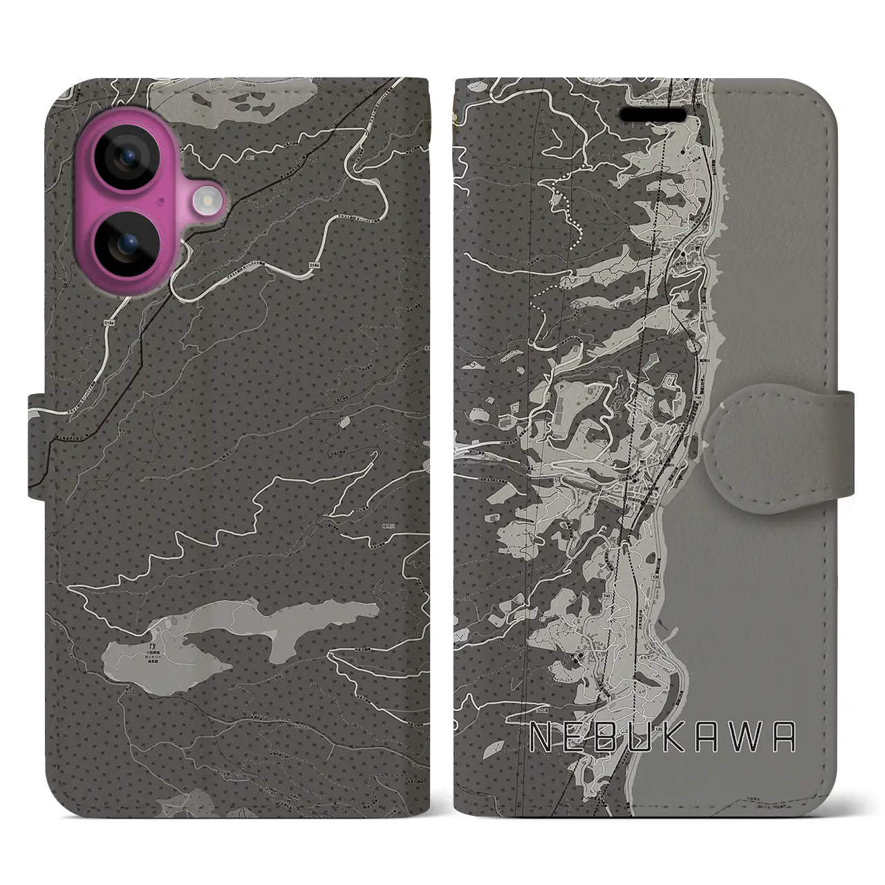 【根府川(神奈川県)】地図柄iPhoneケース(手帳タイプ)モノトーン・iPhone 16 Pro 用