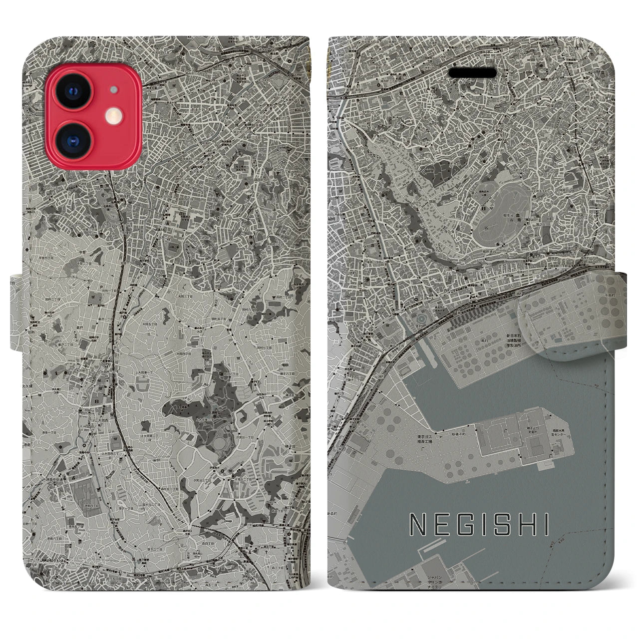 【根岸(神奈川県)】地図柄iPhoneケース(手帳タイプ)モノトーン・iPhone 11 用