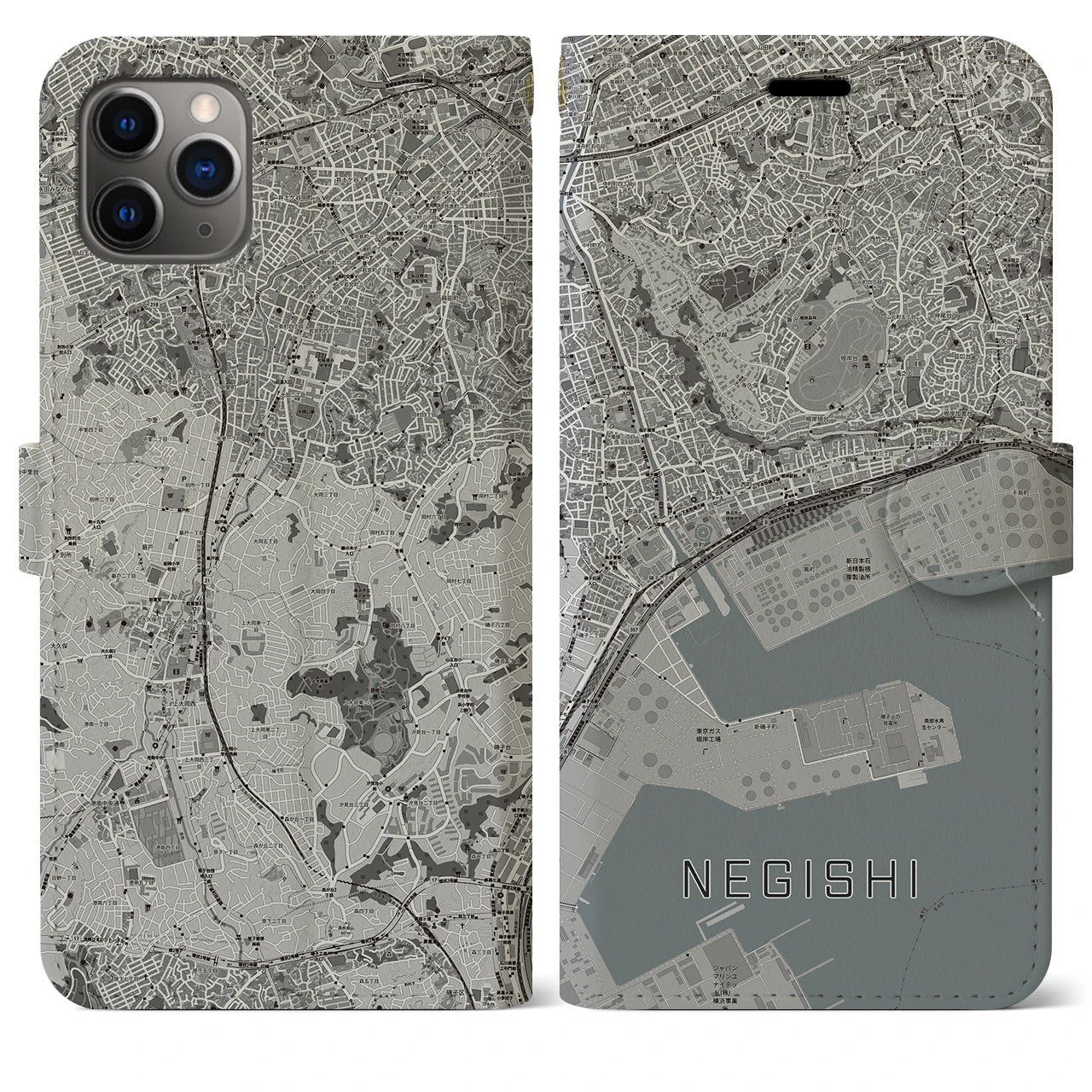 【根岸(神奈川県)】地図柄iPhoneケース(手帳タイプ)モノトーン・iPhone 11 Pro Max 用