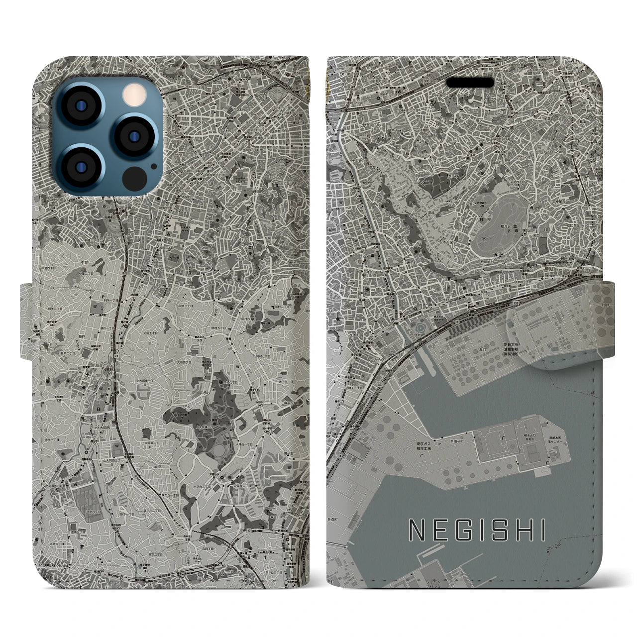 【根岸(神奈川県)】地図柄iPhoneケース(手帳タイプ)モノトーン・iPhone 12 / 12 Pro 用
